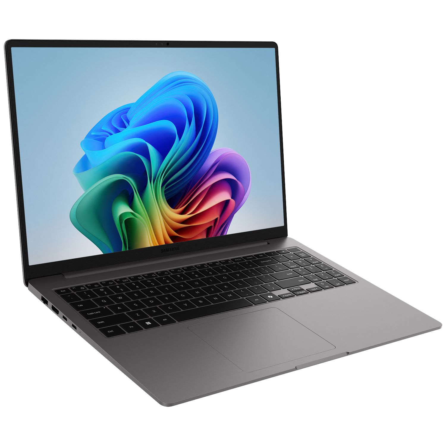 A gray Samsung laptop with a colorful abstract wallpaper on its screen.