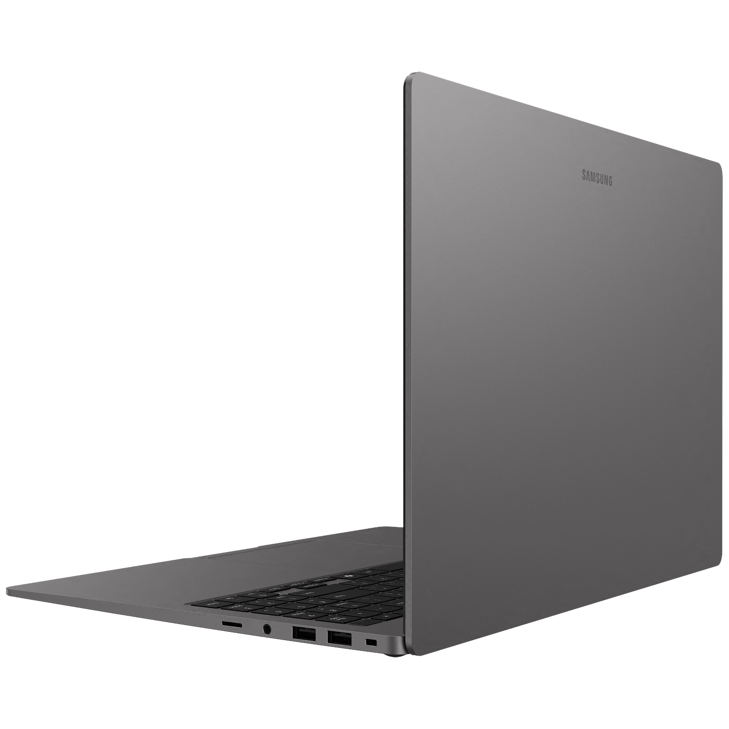 A gray Samsung laptop is shown from the side, displaying the keyboard and ports.