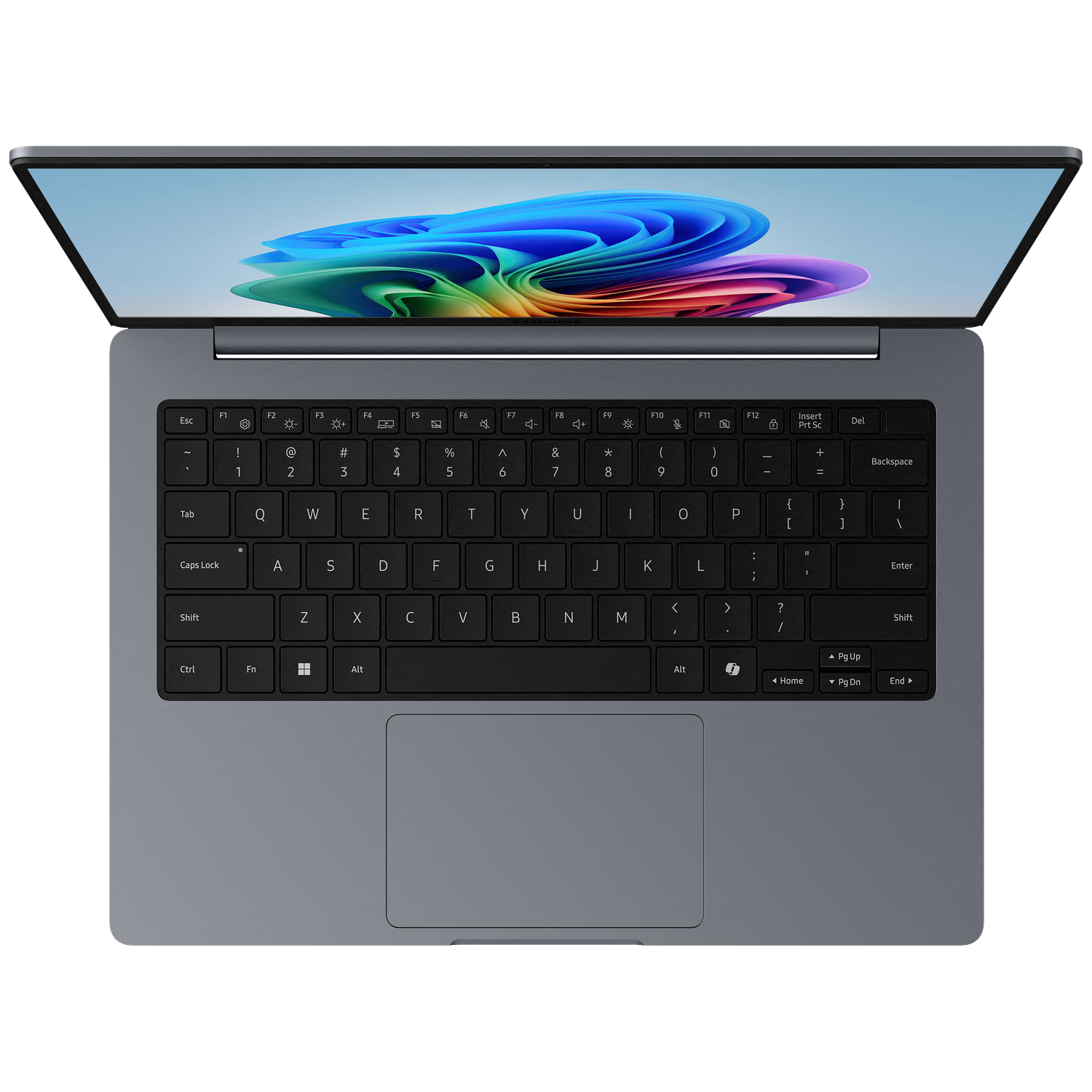 An open laptop displaying a colorful wallpaper on its screen.