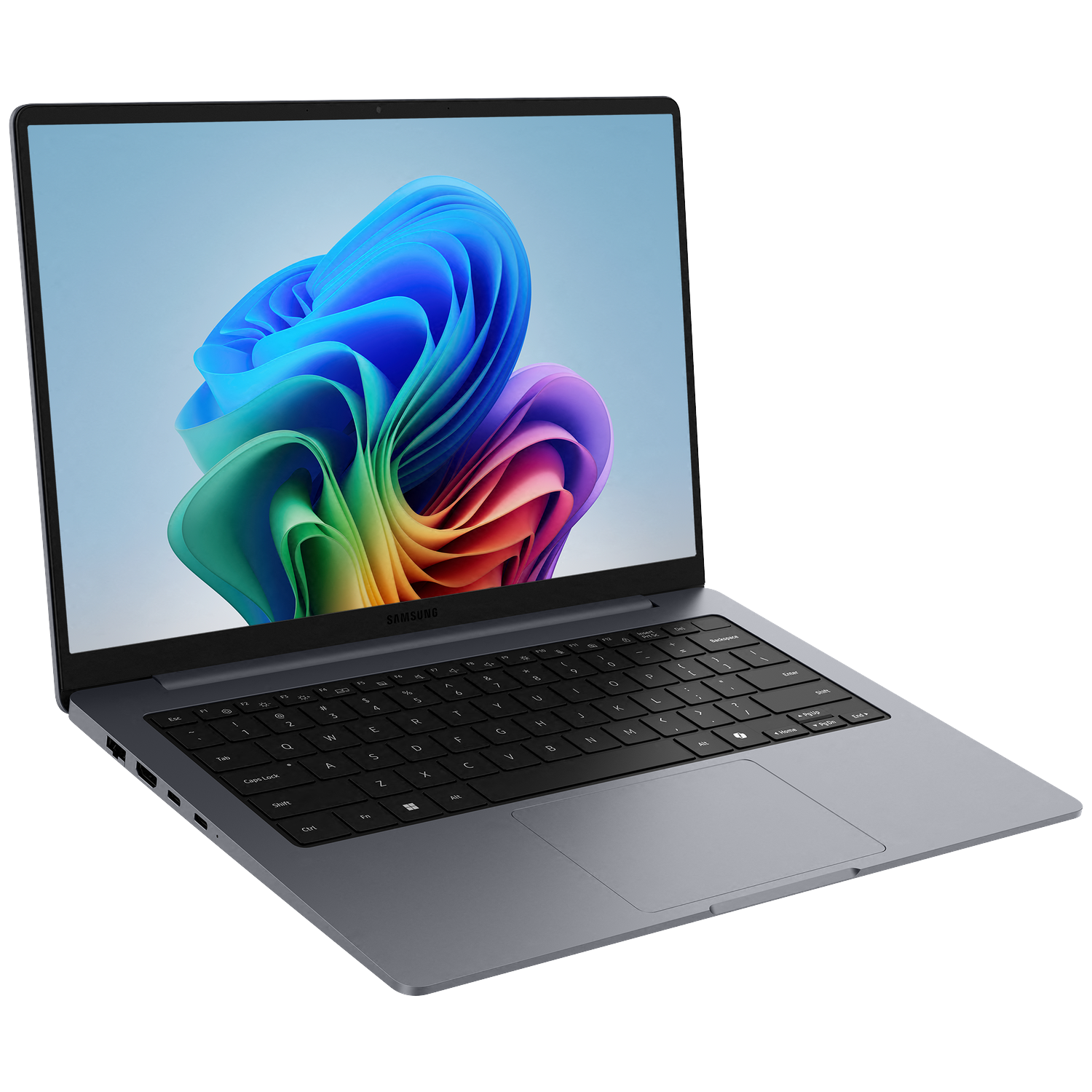 An open gray Samsung laptop displaying a colorful abstract wallpaper on its screen.