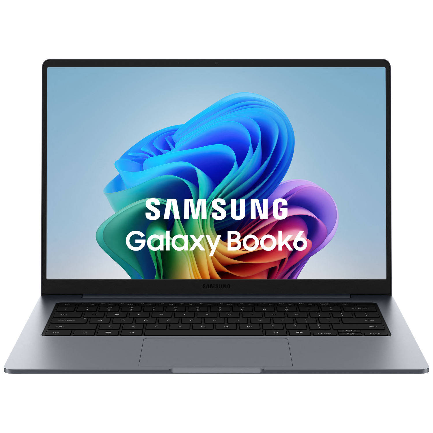 Een Samsung Galaxy Book 6 laptop met een kleurrijke achtergrondafbeelding op het scherm.