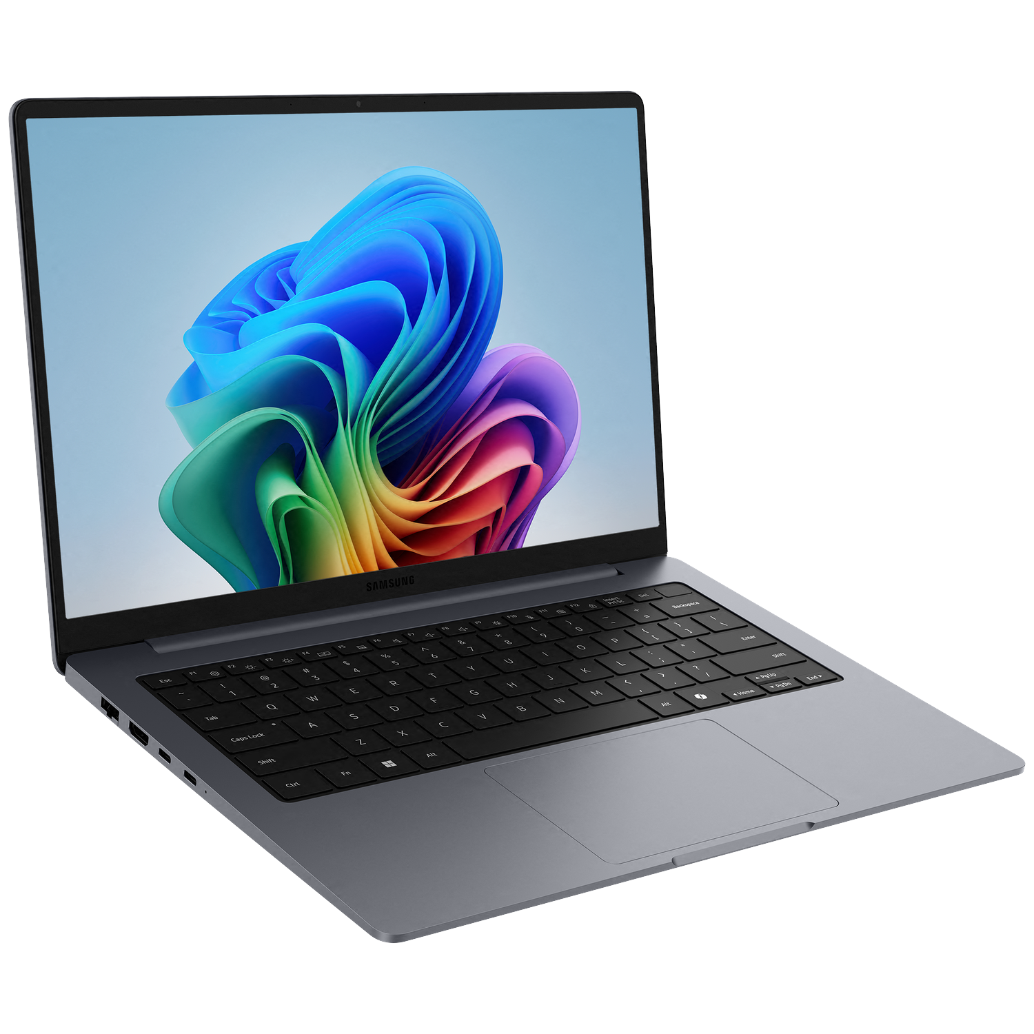 Een open, grijze Samsung laptop met een kleurrijke Windows-achtergrond.