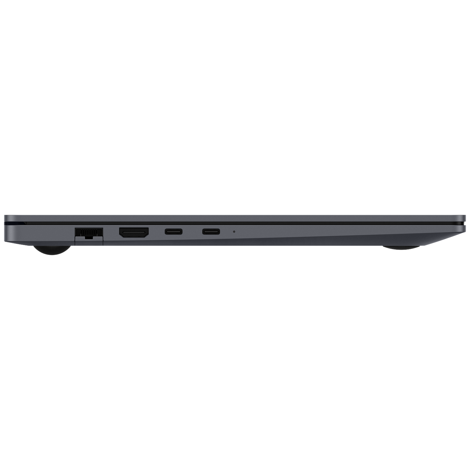 Grijze laptop zijaanzicht met poorten: Ethernet, HDMI, USB-C.
