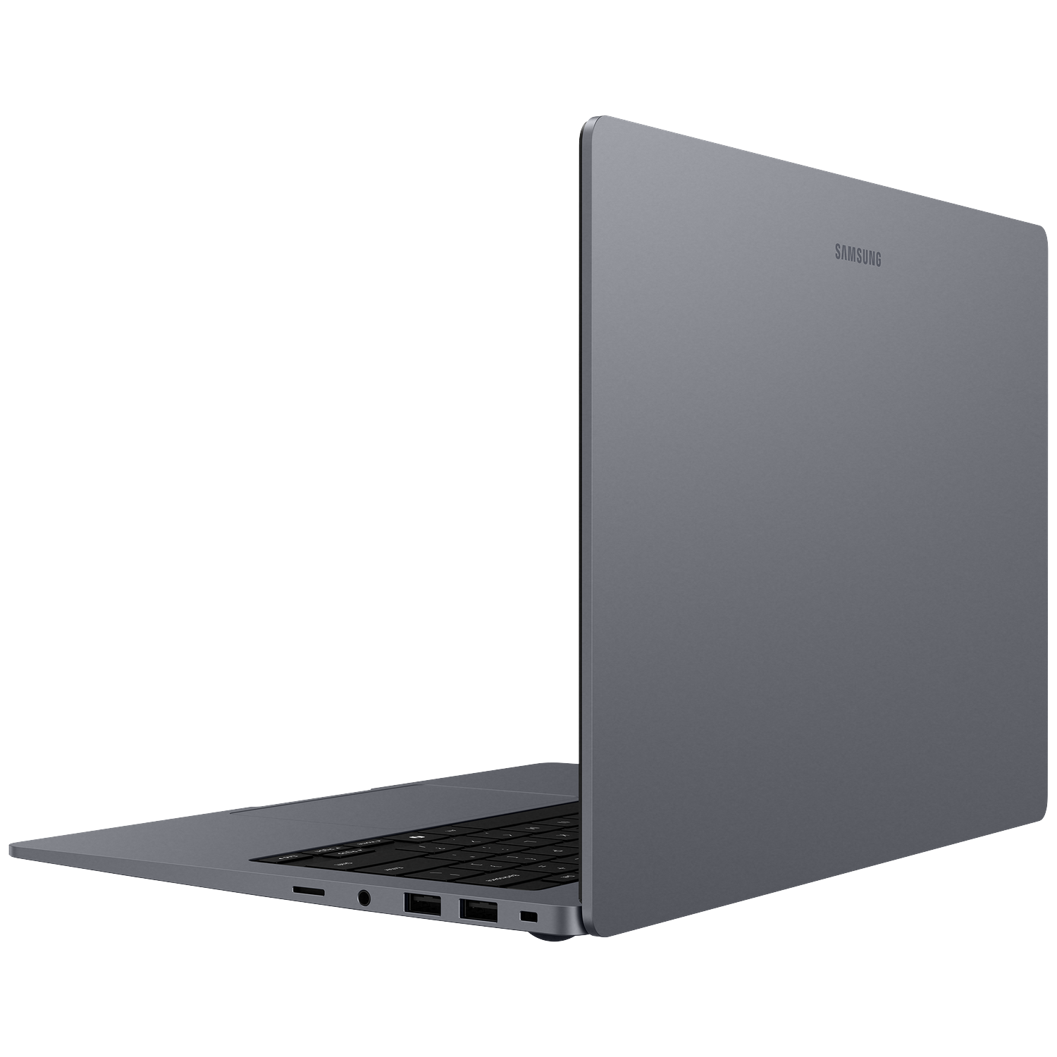 Een grijze Samsung laptop met open scherm, van de zijkant gezien met toetsenbord.