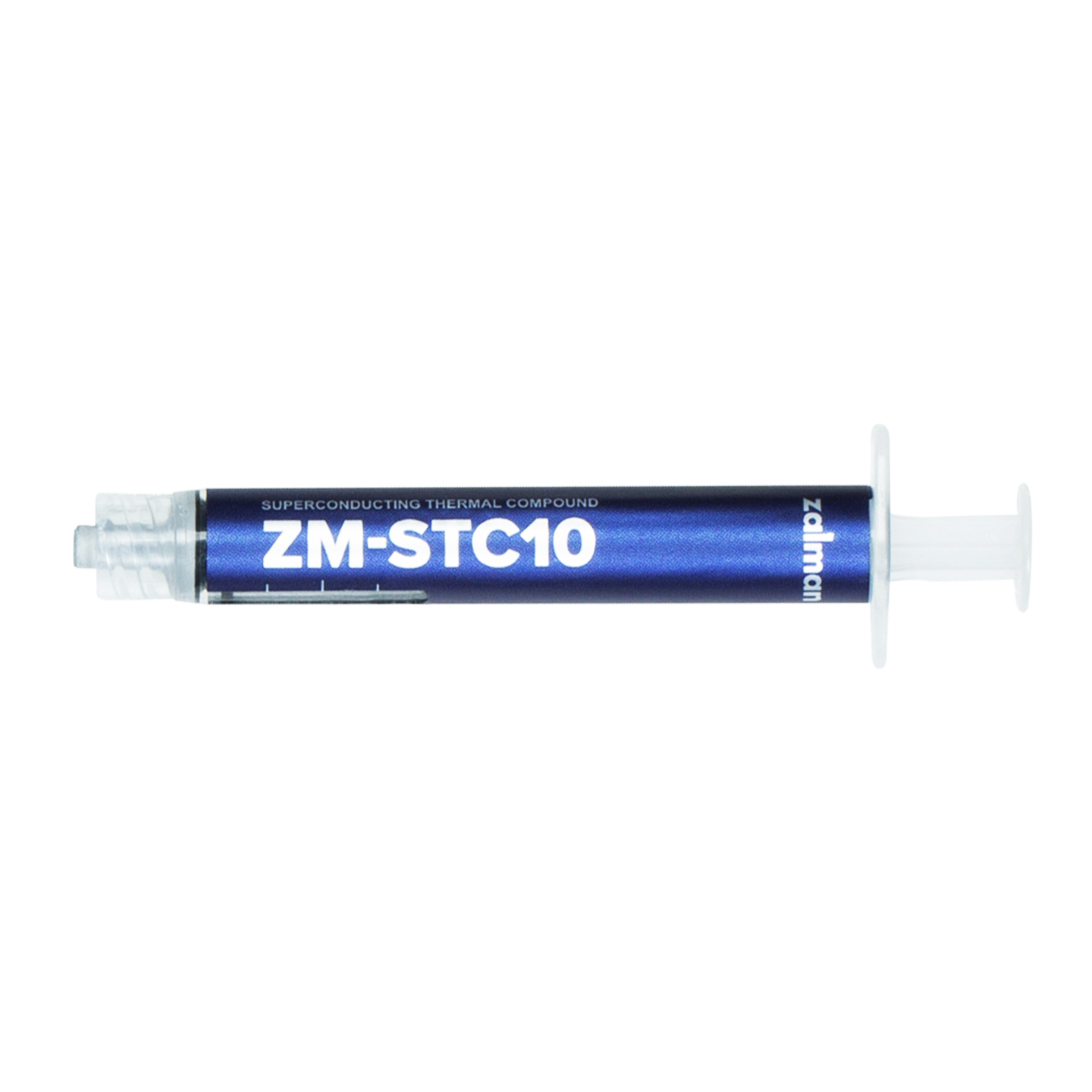 Beyaz pistonlu mavi şırınga, üzerinde ZM-STC10 yazılı.