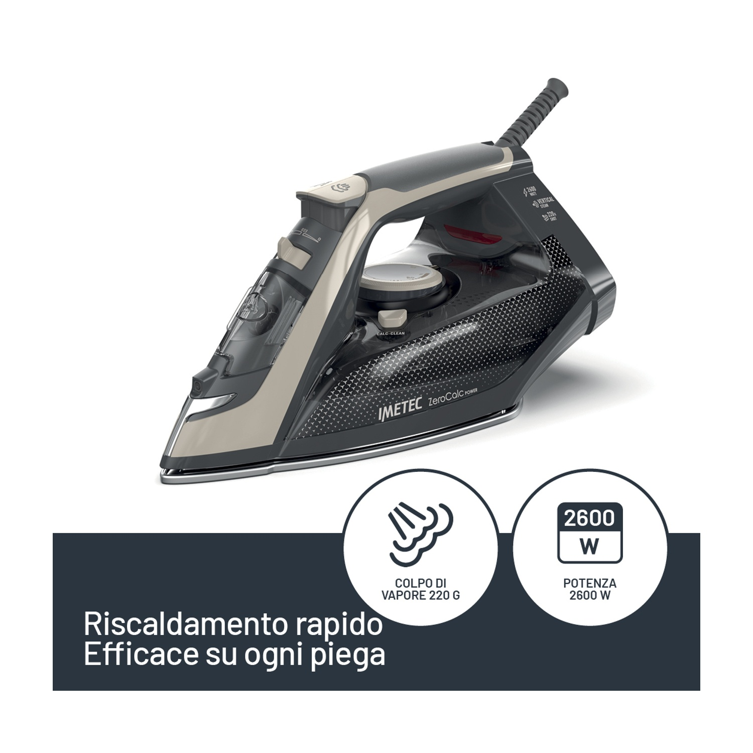 Un ferro da stiro nero e oro con specifiche di vapore e potenza.