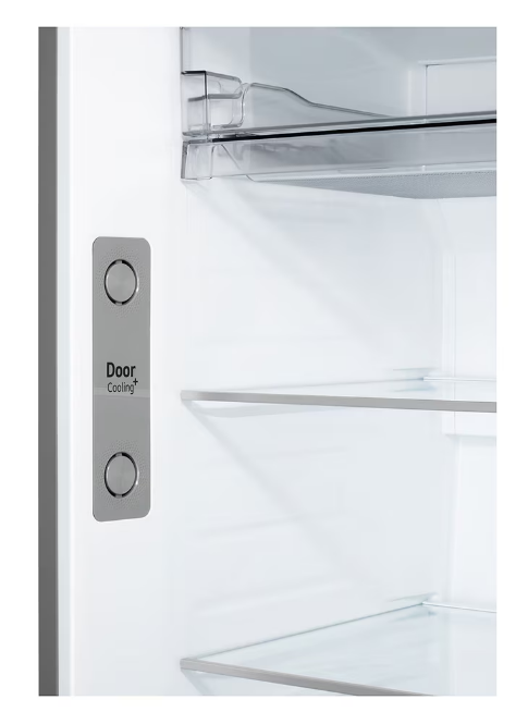Kapı soğutma "Door Cooling+" kontrolü ve cam raflı buzdolabı içi.