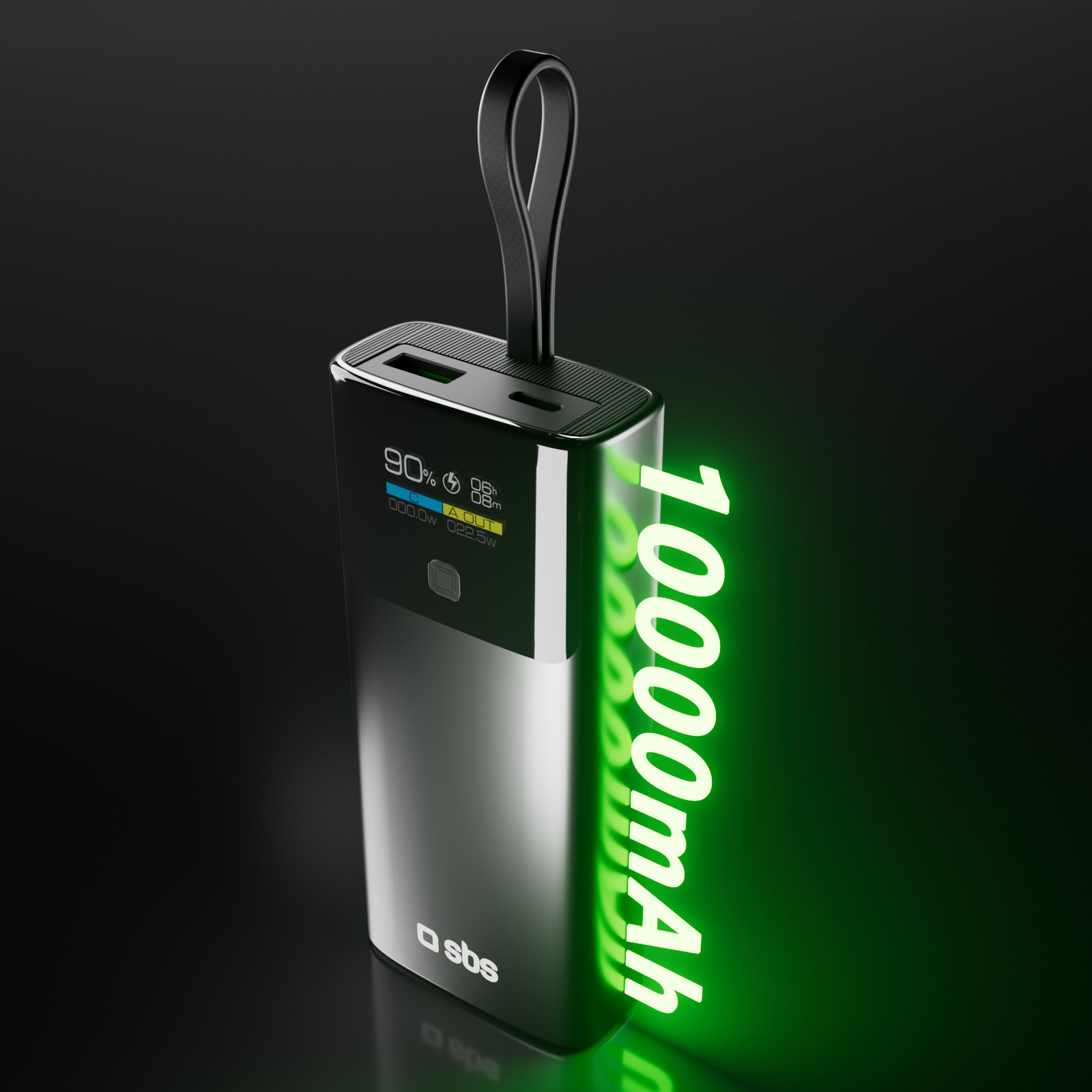 Silberner Powerbank mit 10000mAh, schwarzem Tragegriff, Display und grünem Leuchten.