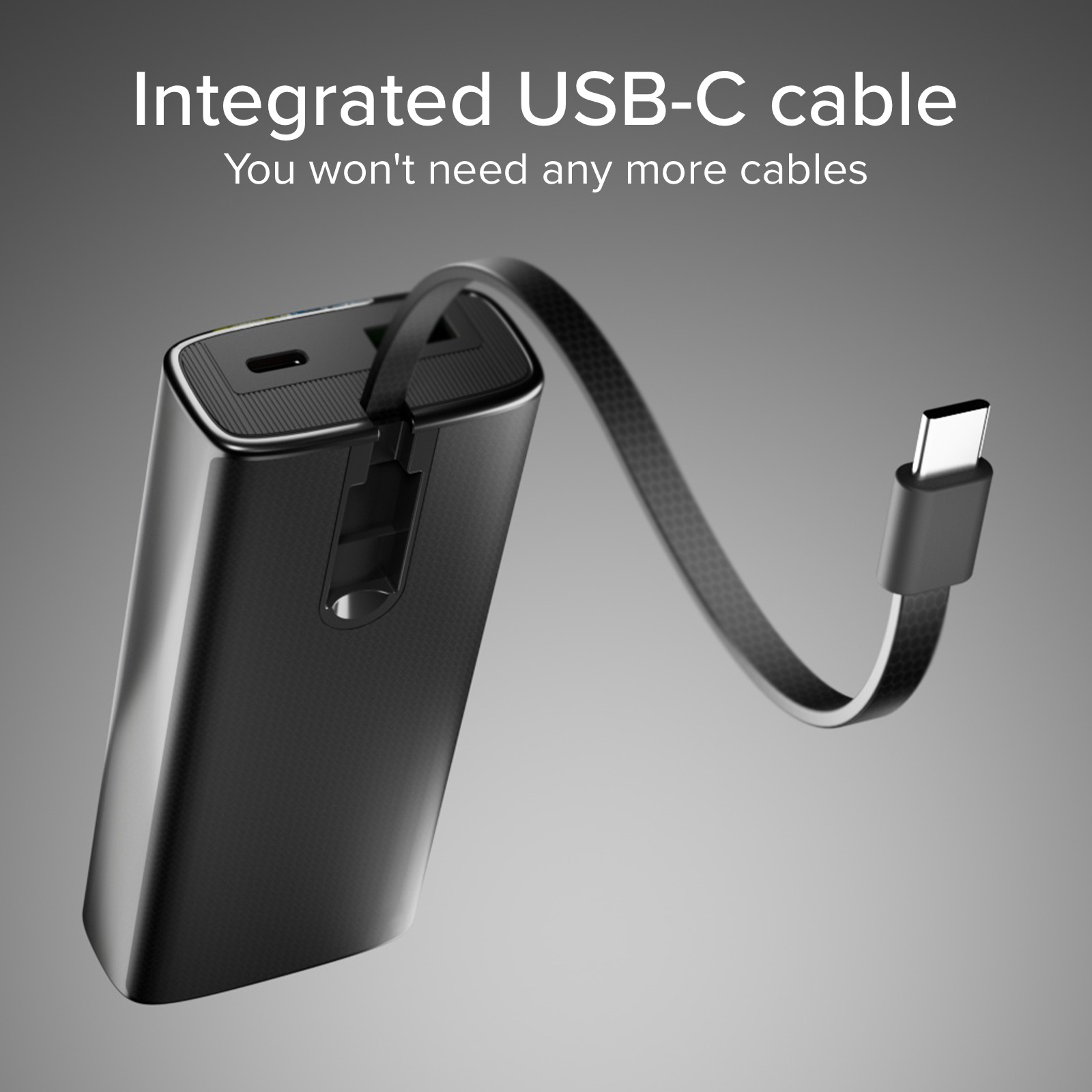Schwarzes Powerbank mit integriertem USB-C-Kabel, das herausragt.