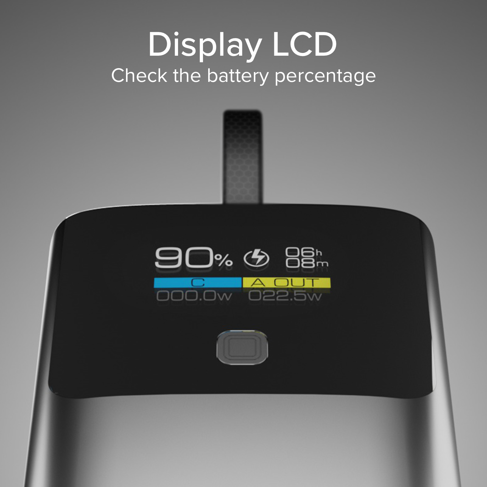Ein LCD-Bildschirm zeigt 90% Akku, Ladezustand und 22.5W Ausgangsleistung an.