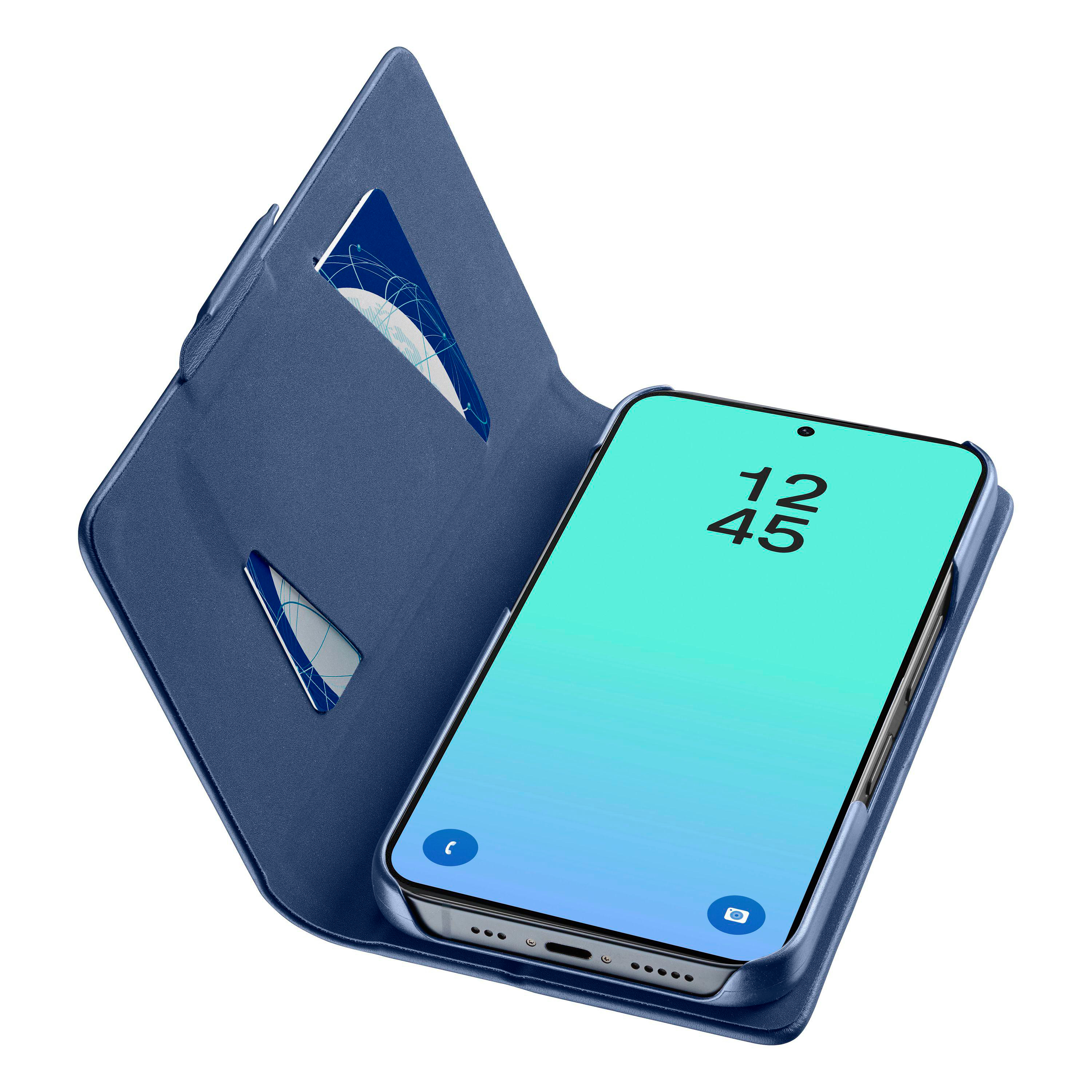 Blaues Handy mit offenem Klappcover, das Kartenfächer zeigt.