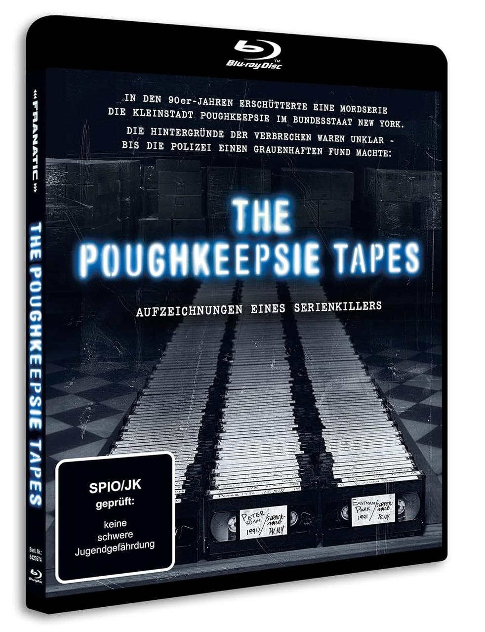 Blu-ray Hülle von "The Poughkeepsie Tapes" mit Videokassetten-Motiv und Siegel.