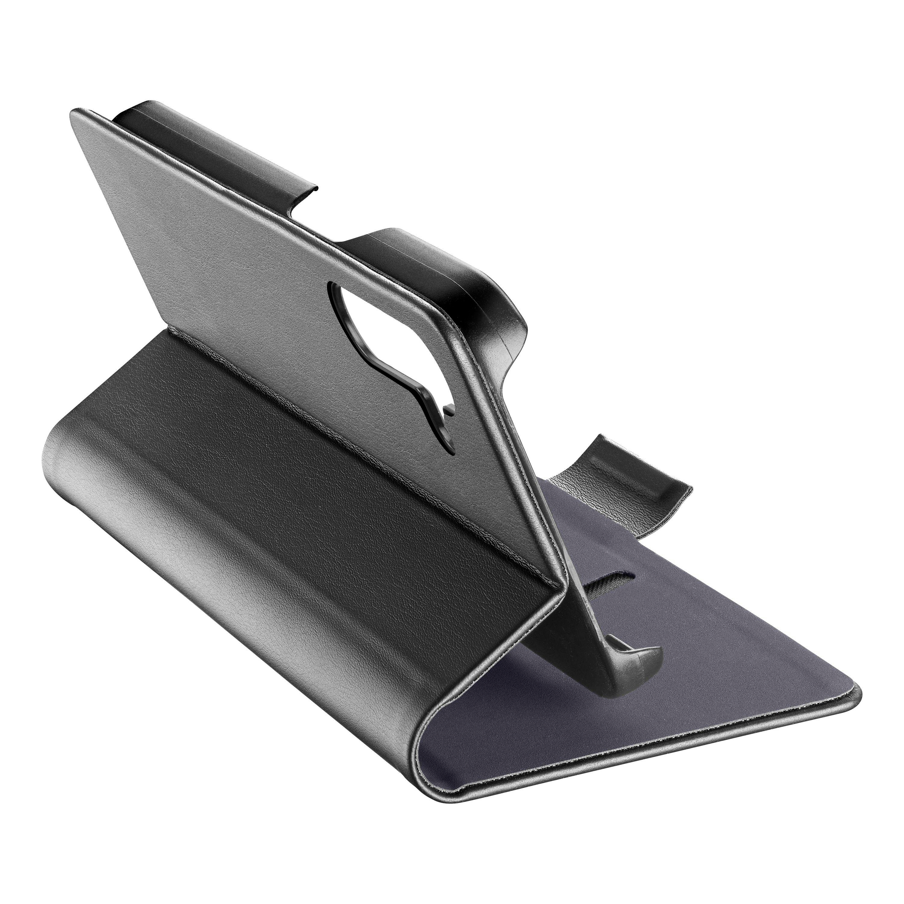 Schwarze Handyhülle im aufgeklappten Zustand, auf weißem Hintergrund.