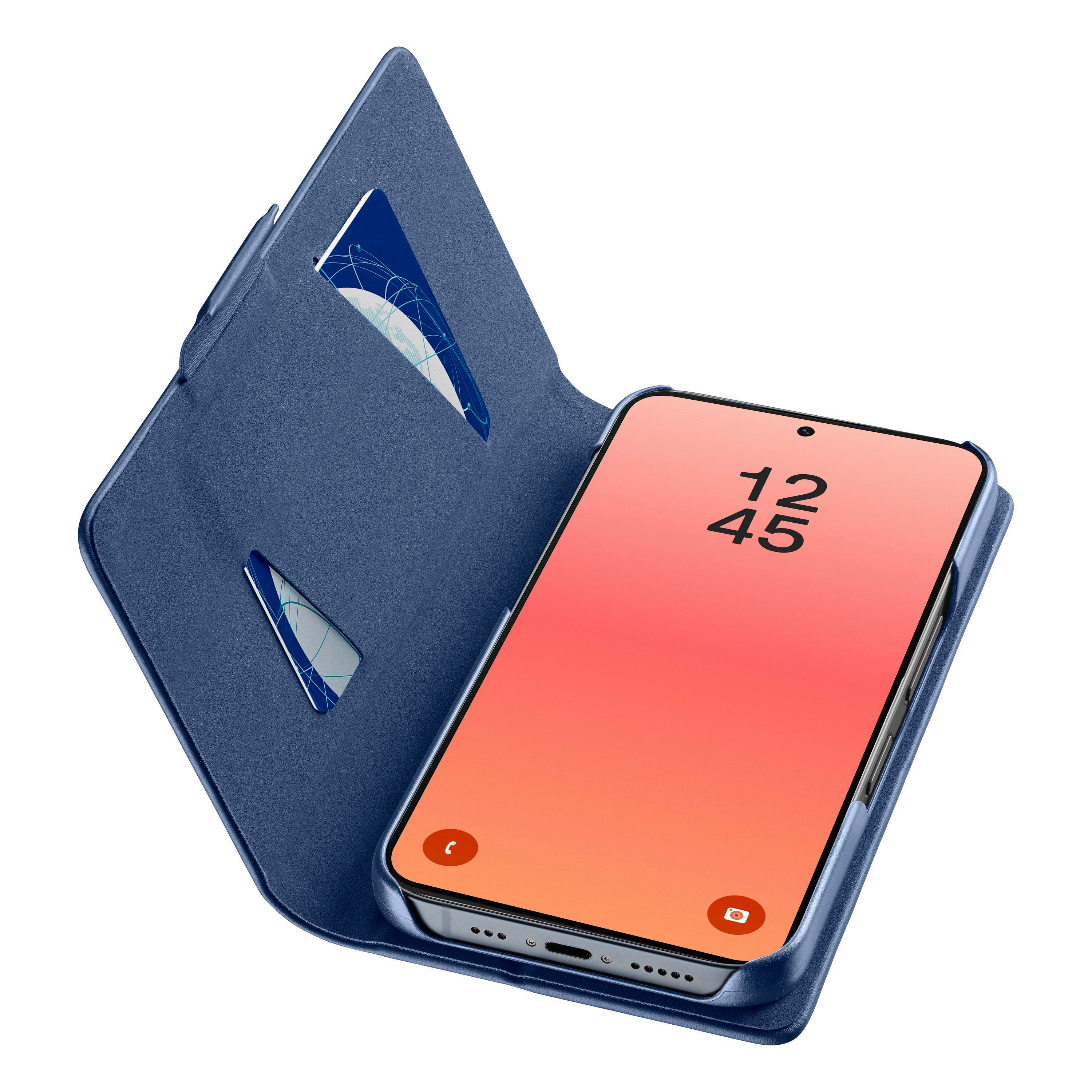 Blaue Handyhülle mit Kartensteckplätzen und einem Smartphone mit orangefarbenem Bildschirm.
