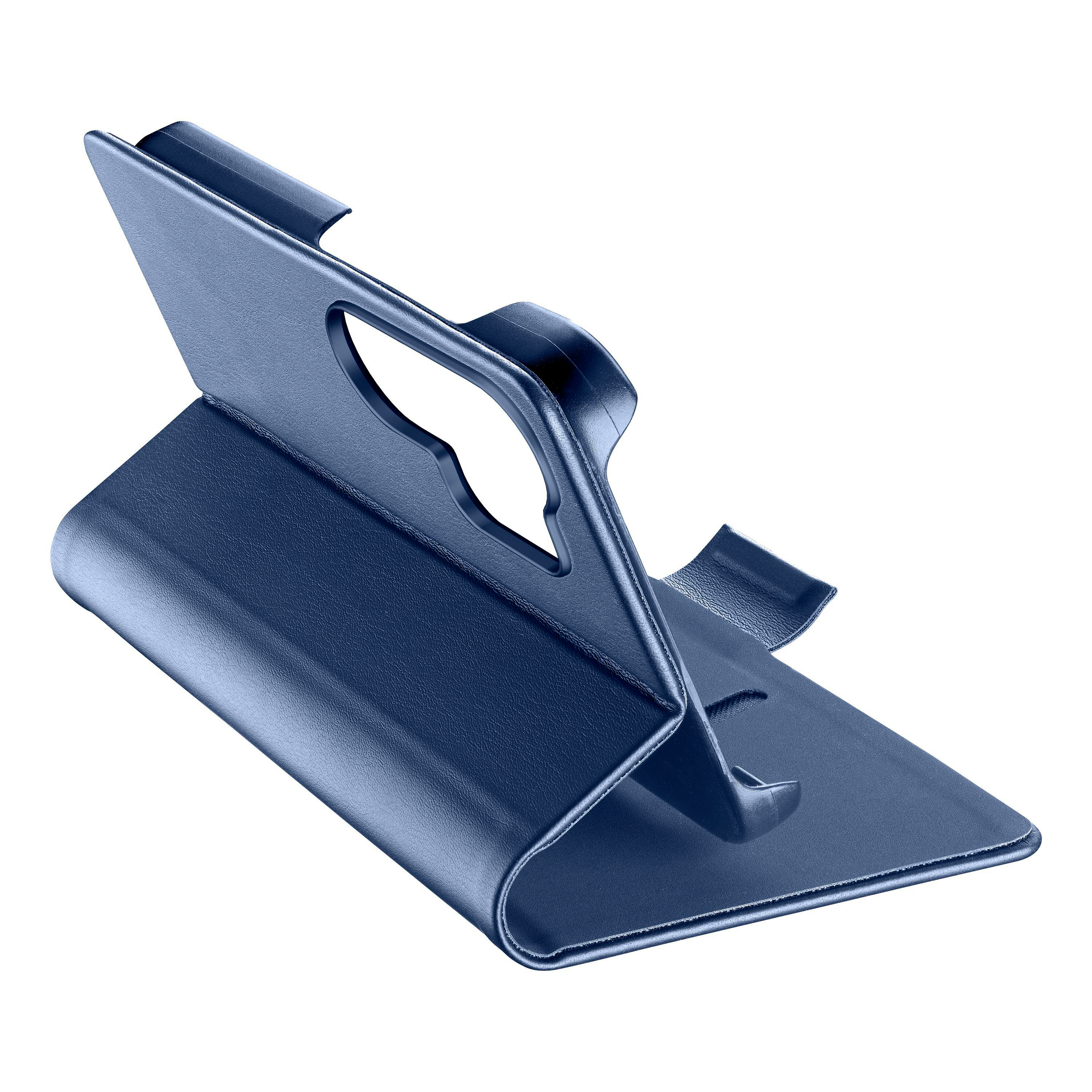 Dunkelblauer Leder-Tablethülle mit Ausschnitt für Kamera.