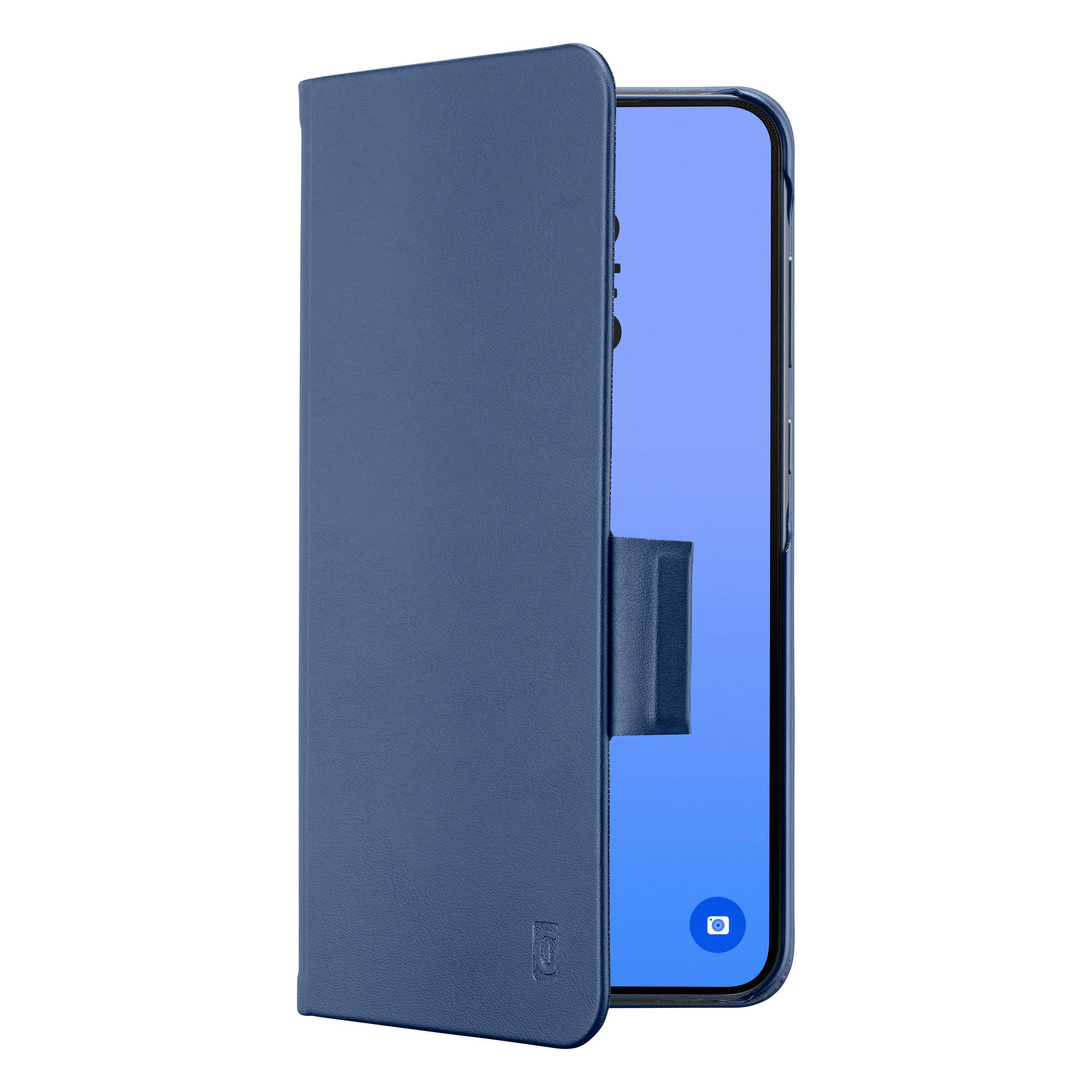 Blaue Handyhülle mit aufgeschlagener Klappe, die ein Smartphone mit blauem Bildschirm zeigt.