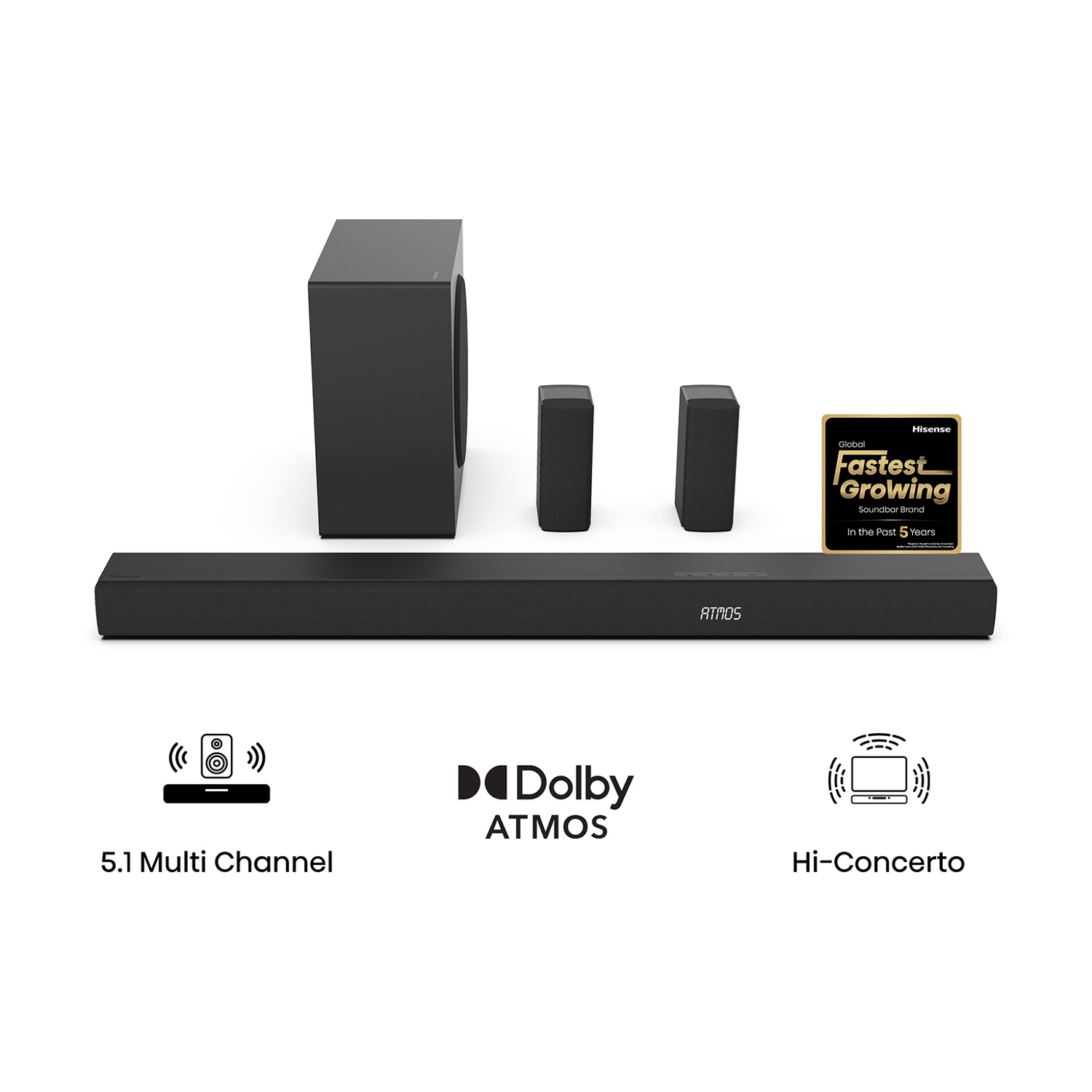 Una soundbar Hisense nera con subwoofer, due altoparlanti più piccoli e premi.