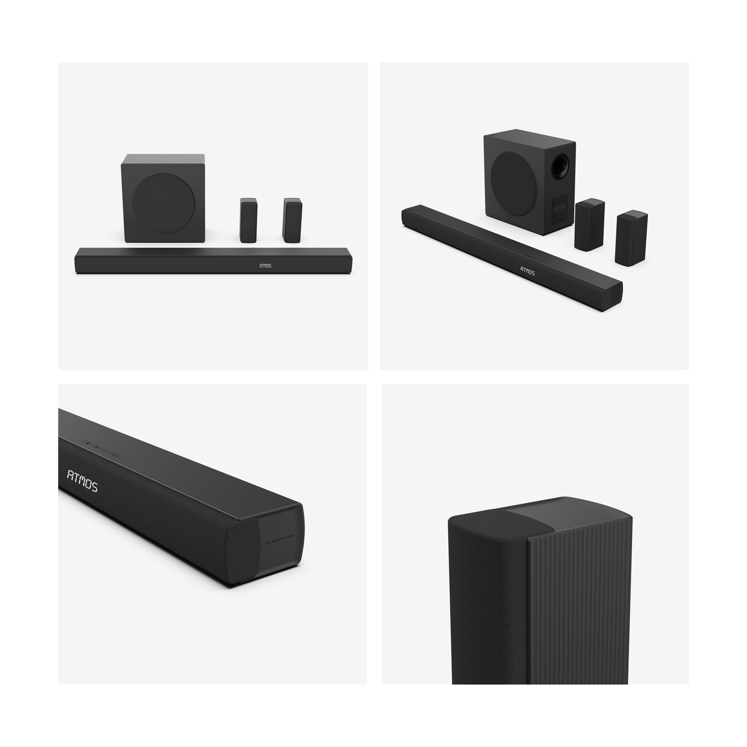 Soundbar, subwoofer e due piccoli altoparlanti neri su sfondo bianco.
