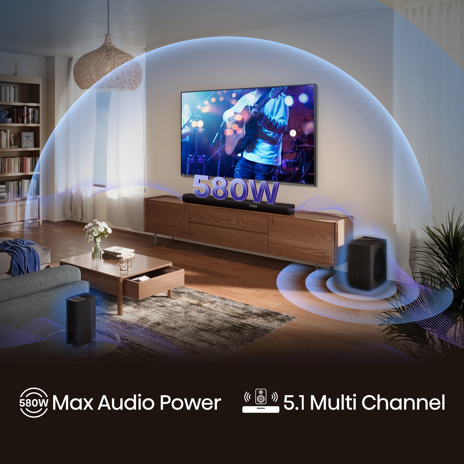 Soggiorno con TV, soundbar, subwoofer e 580W di potenza audio.