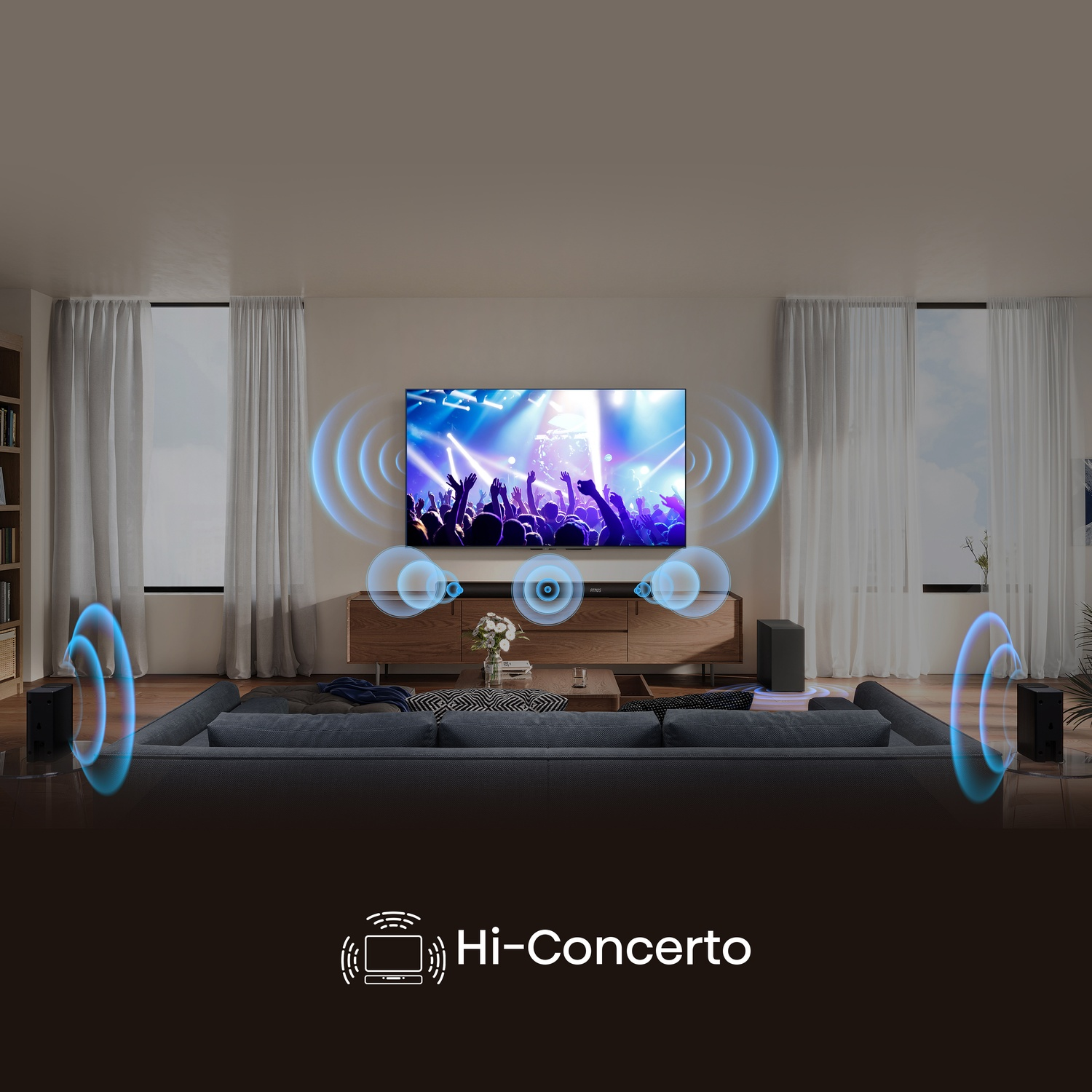 Soggiorno con TV che mostra un concerto. Altoparlanti emettono onde sonore.