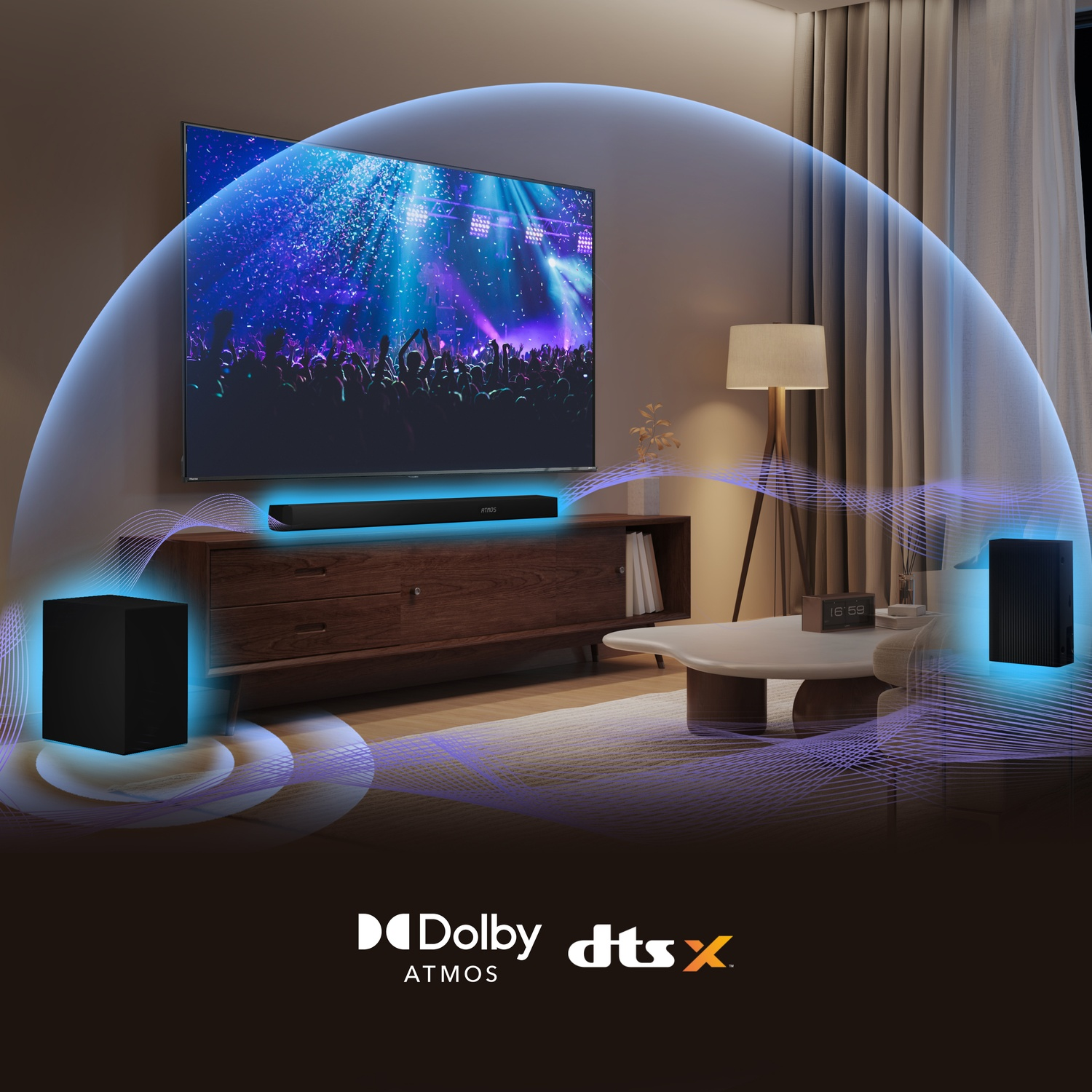 Un soggiorno con TV, soundbar, subwoofer e onde luminose.