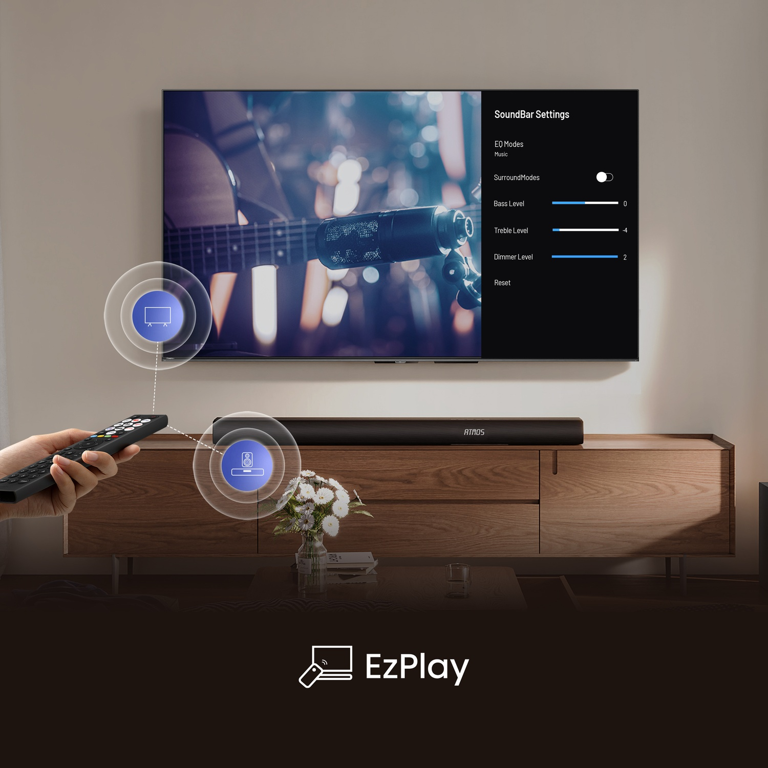 Una TV mostra le impostazioni della soundbar, una mano tiene un telecomando.