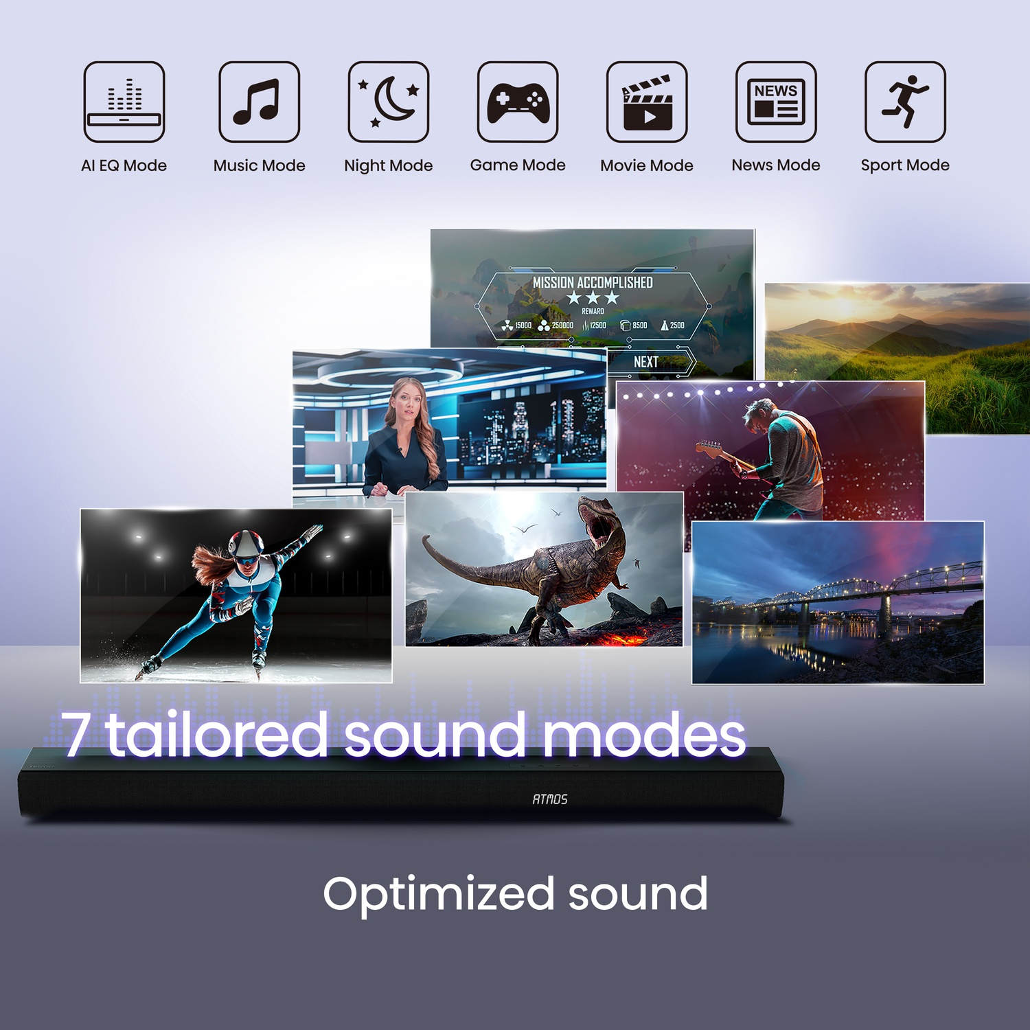 Soundbar con 7 modalità audio: AI EQ, Musica, Notte, Gioco, Film, Notizie, Sport.