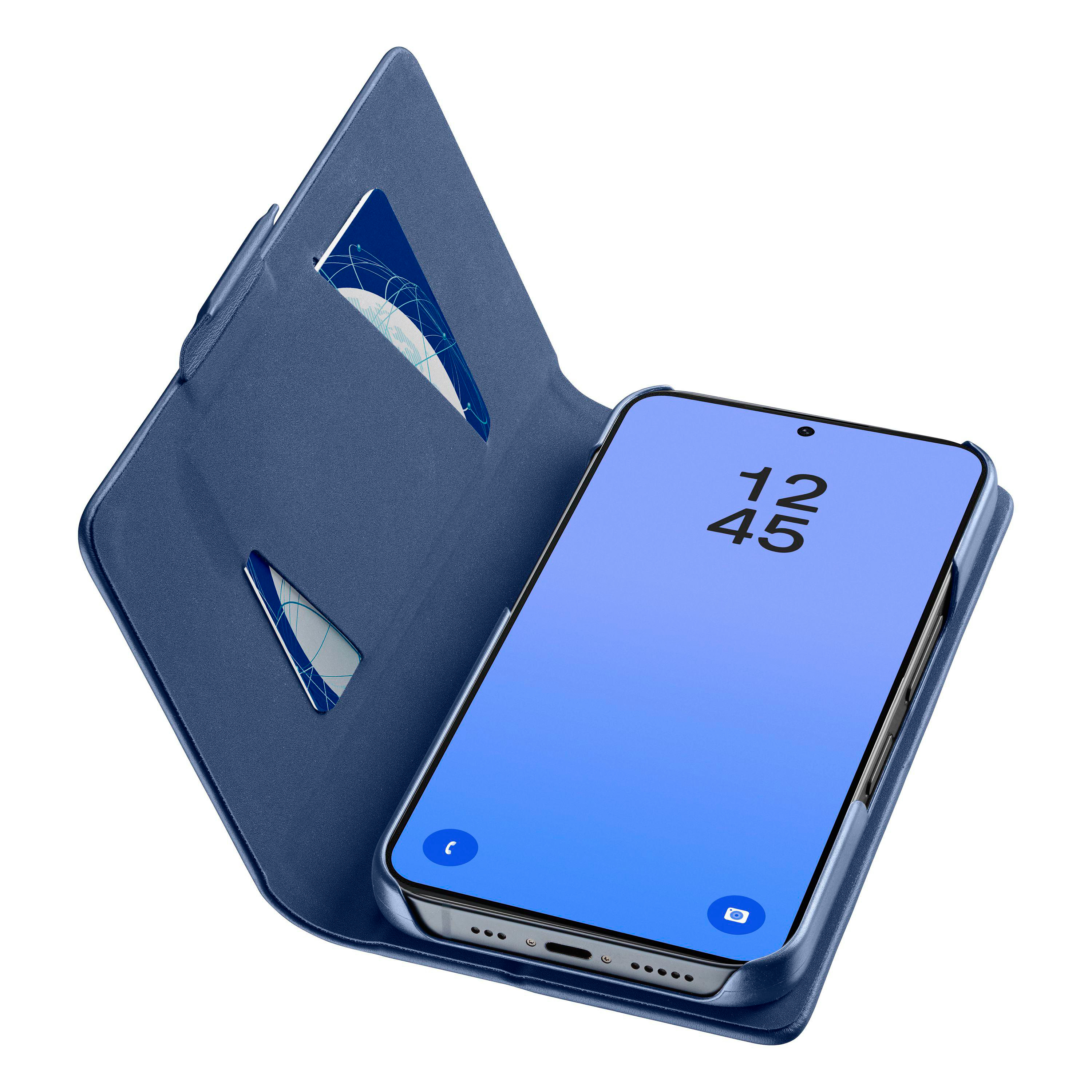 Blaue Handyhülle mit aufgeschlagenem Deckel, zeigt einen blauen Bildschirm.