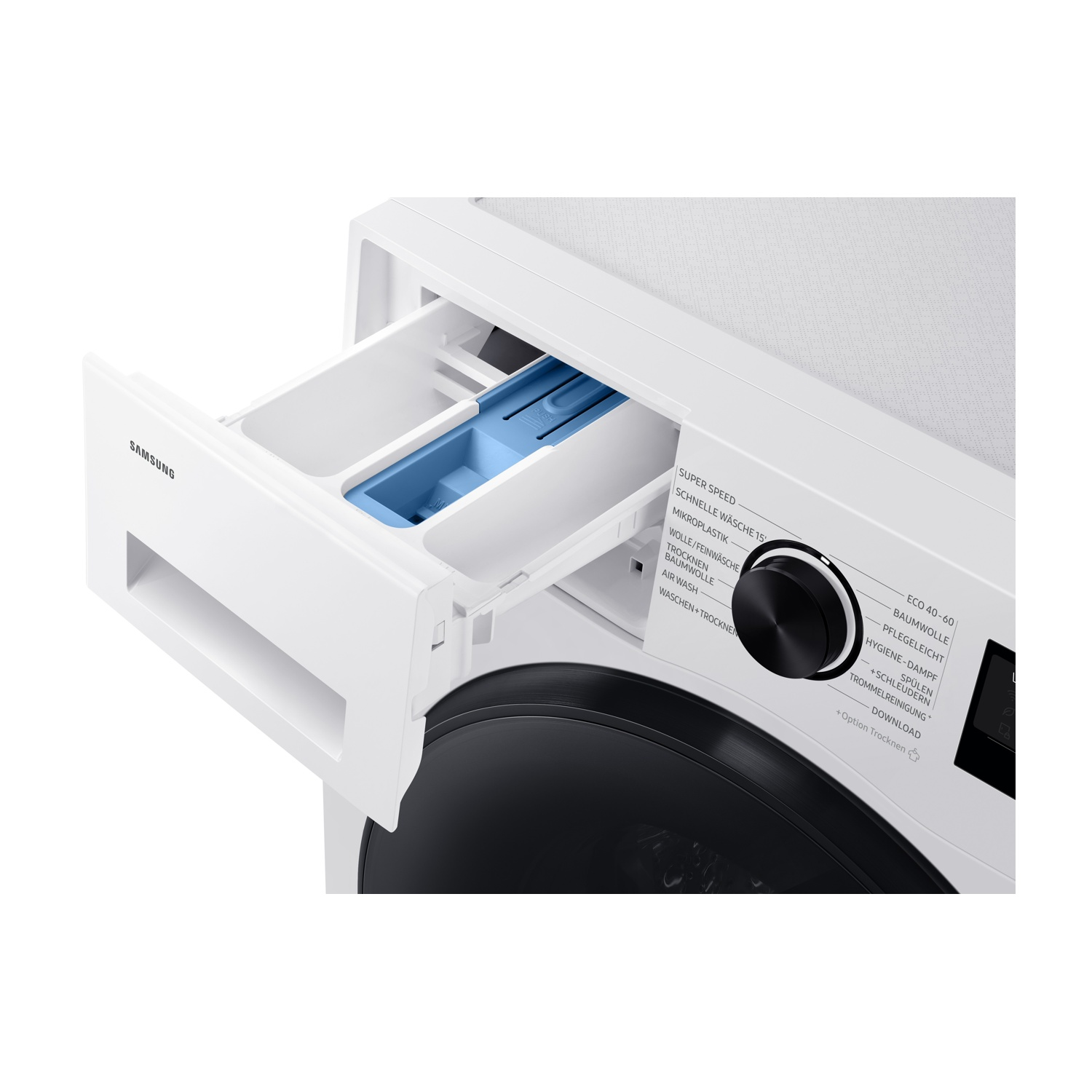 Una lavatrice Samsung bianca con il cassetto del detersivo estratto.