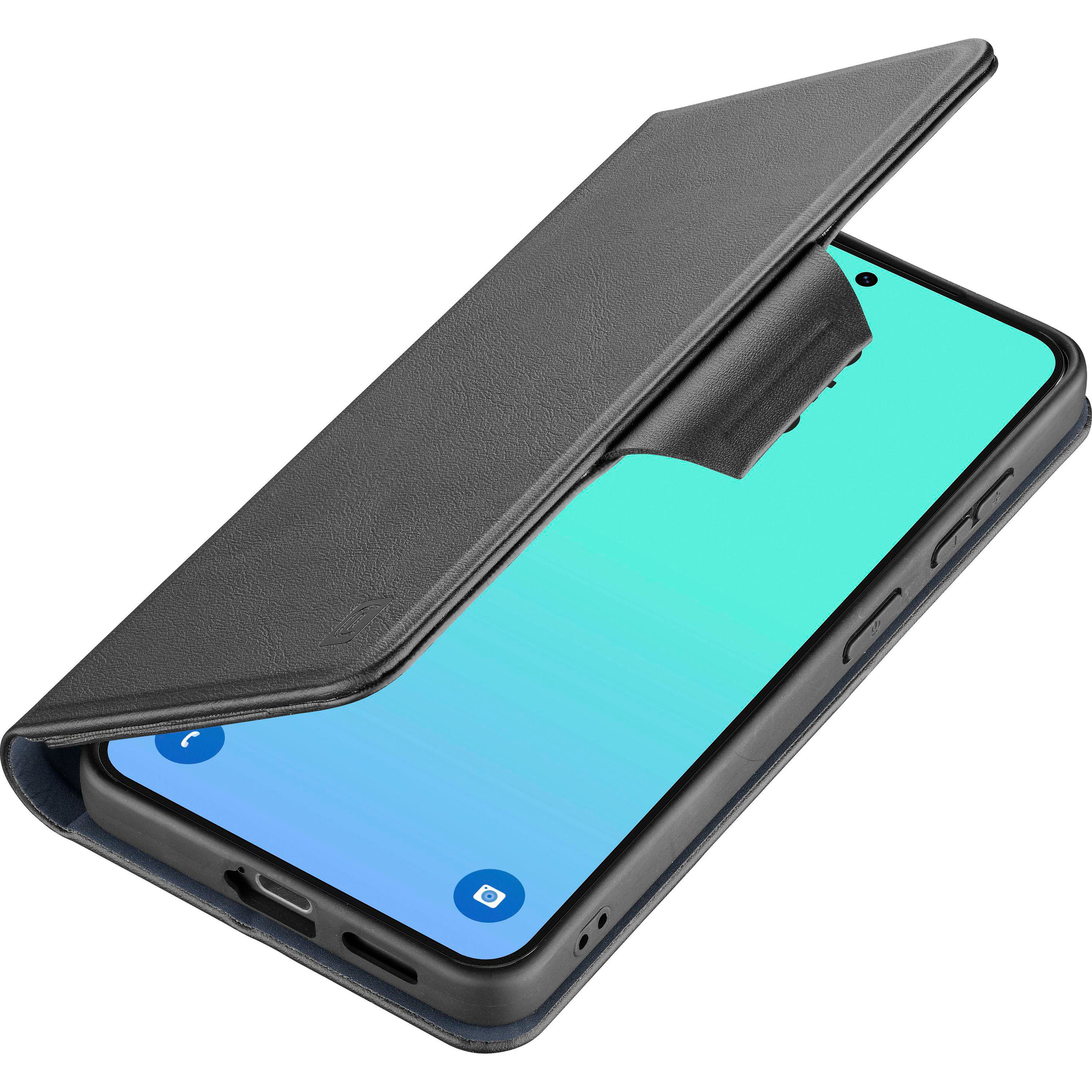 Schwarzes Handy mit aufgeklapptem Flip-Case und blauem Bildschirm.