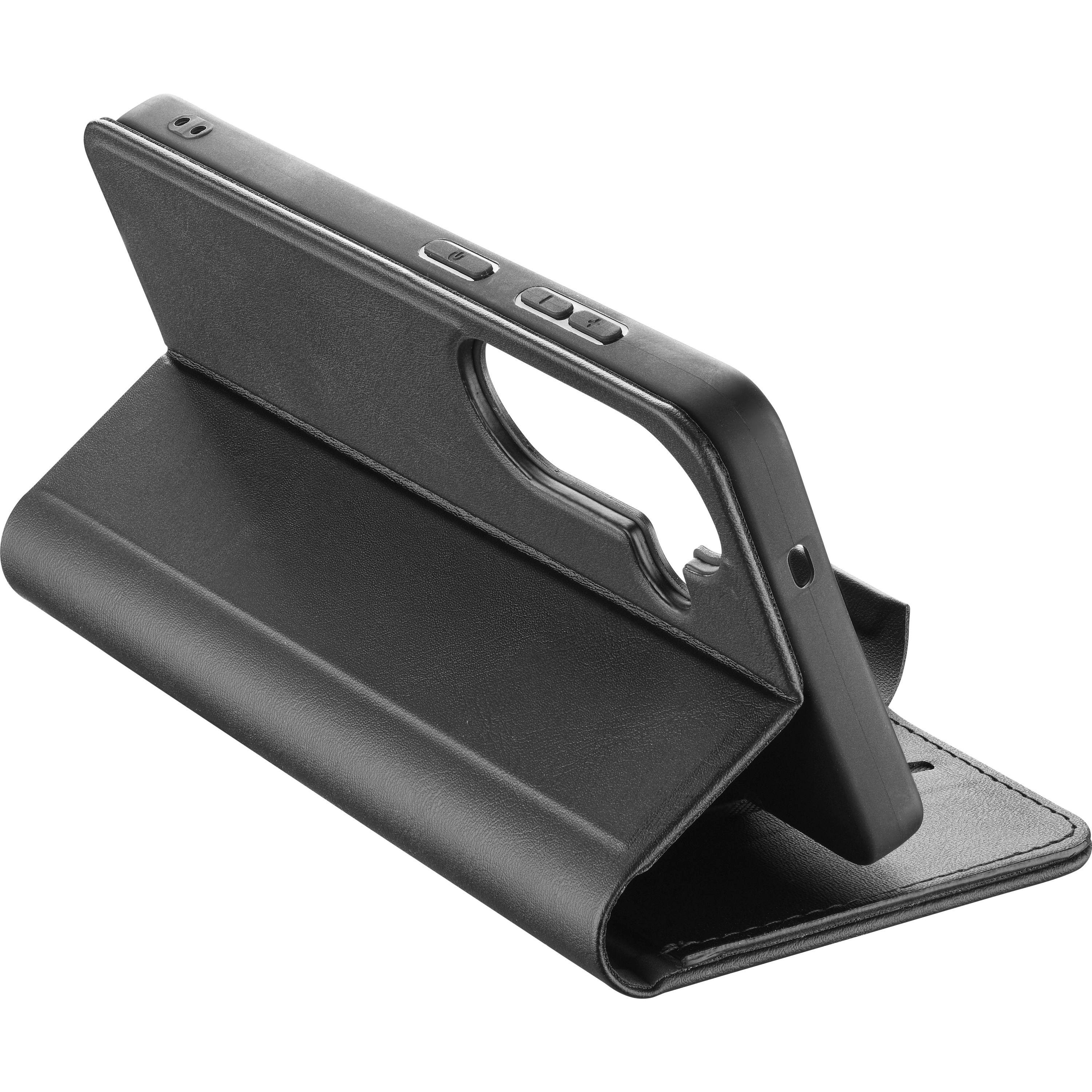 Schwarze Handyhülle mit aufklappbarem Deckel und Ausschnitten für Kamera und Tasten.