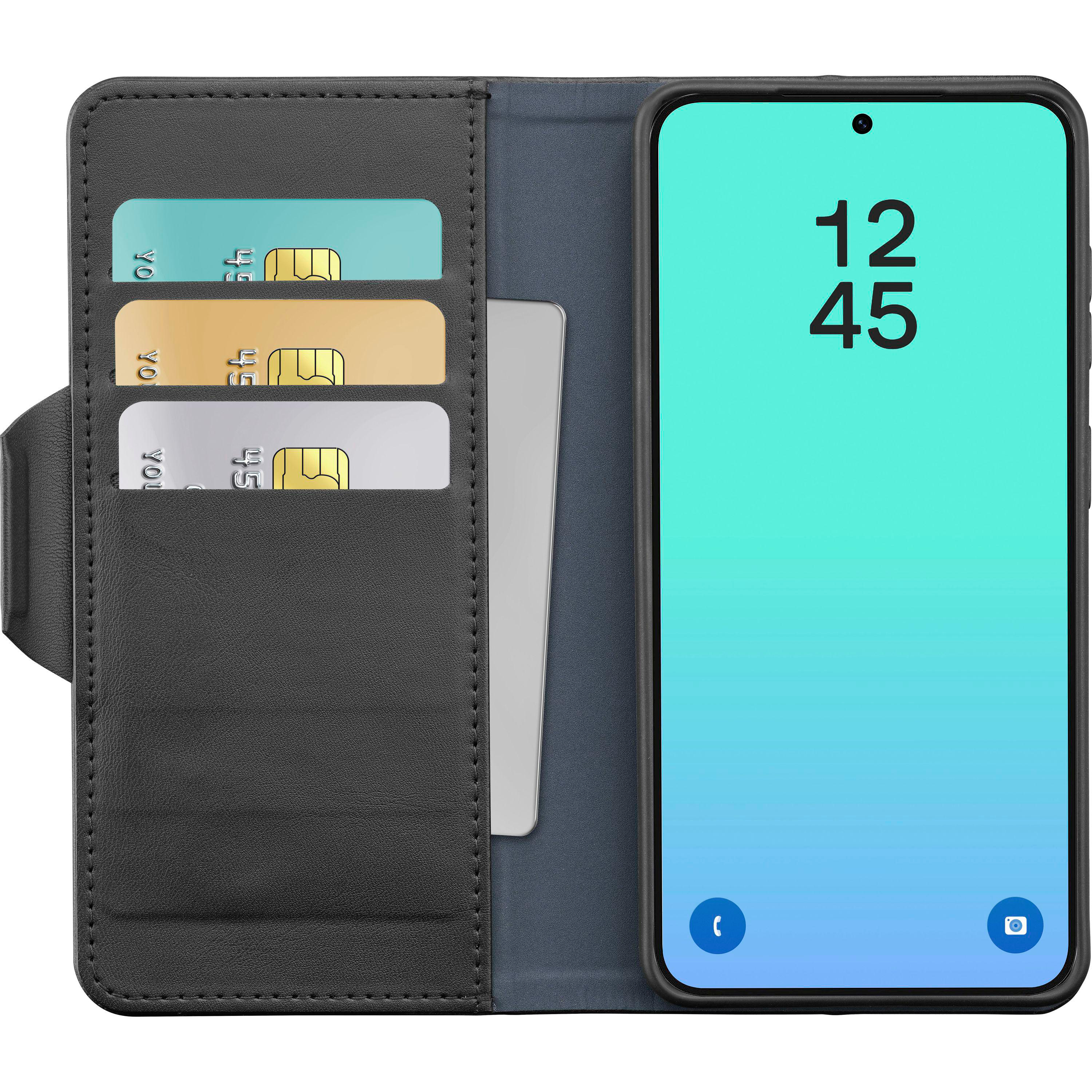 Schwarze Handyhülle mit drei Kartenschlitzen und blauem Telefonbildschirm.