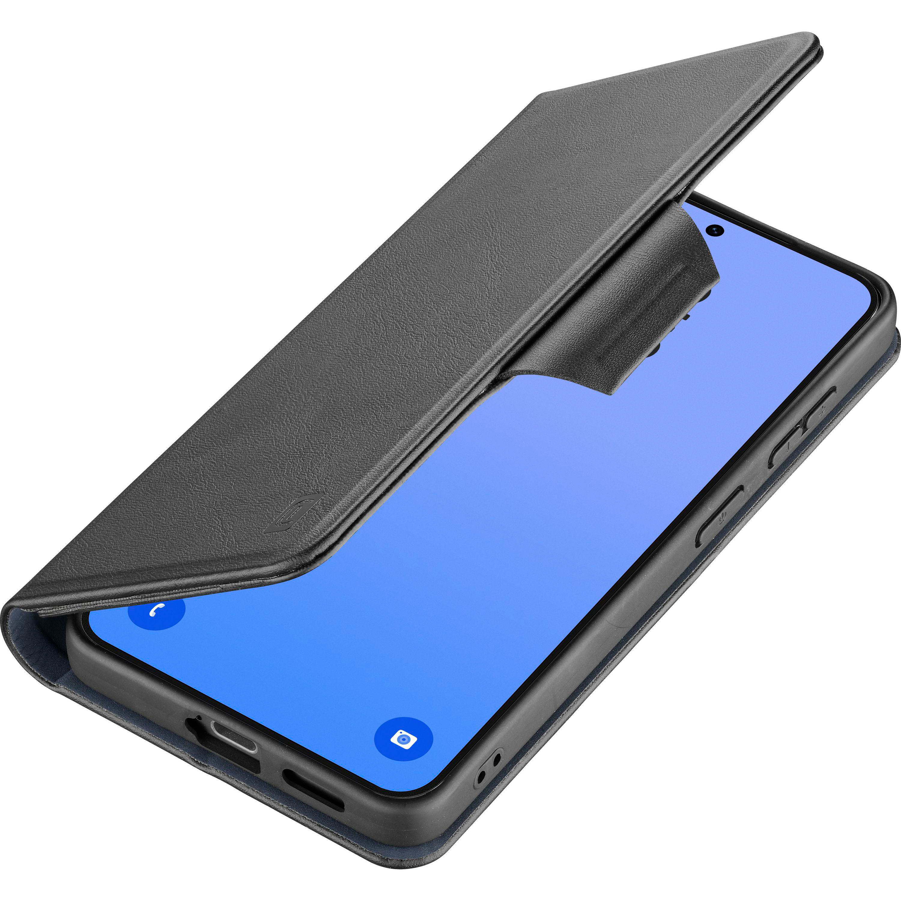 Schwarze Handyhülle mit offenem Klappdeckel zeigt blauen Bildschirm mit Kamera-Symbol.