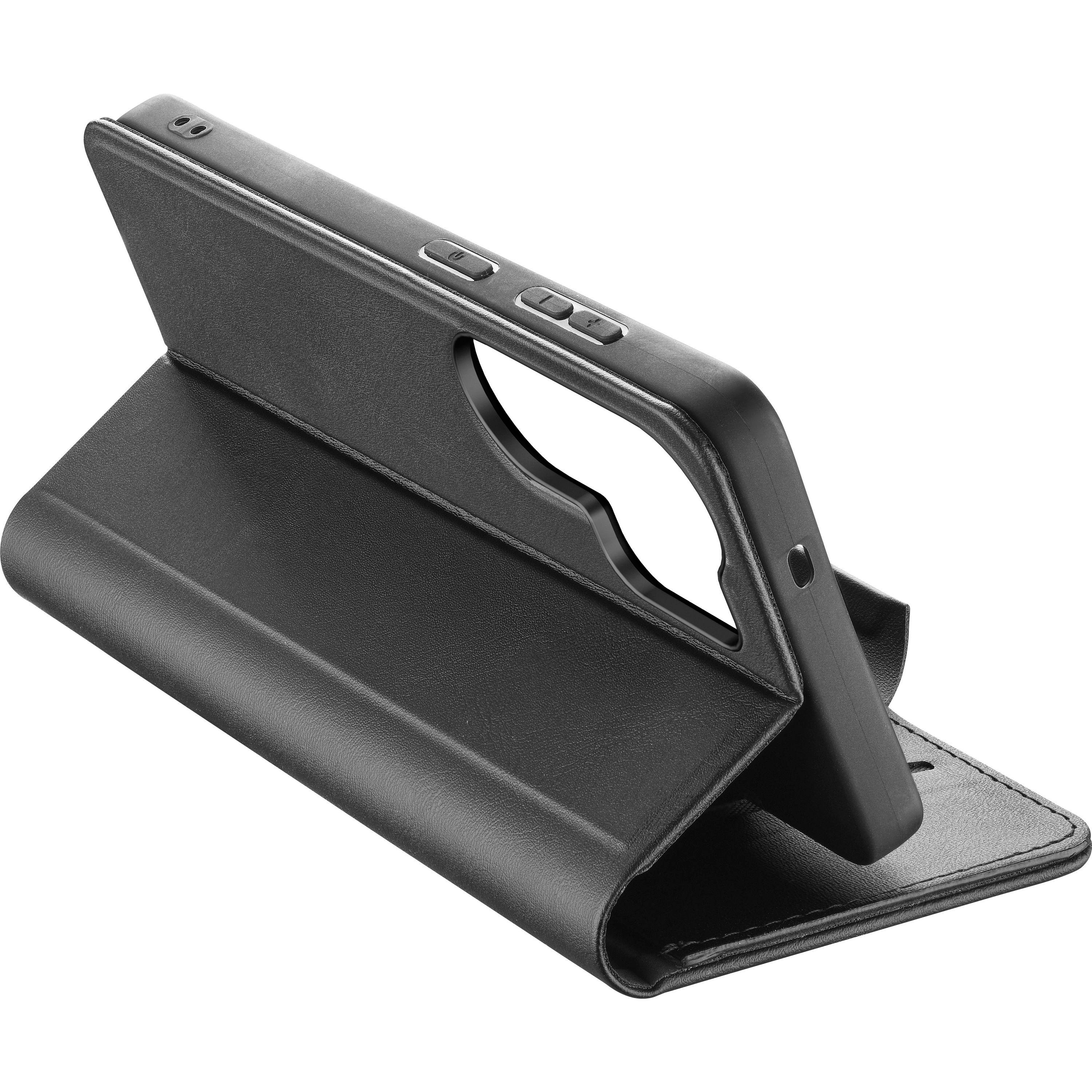 Schwarze Leder-Handyhülle mit aufklappbarem Deckel, die als Ständer dient.
