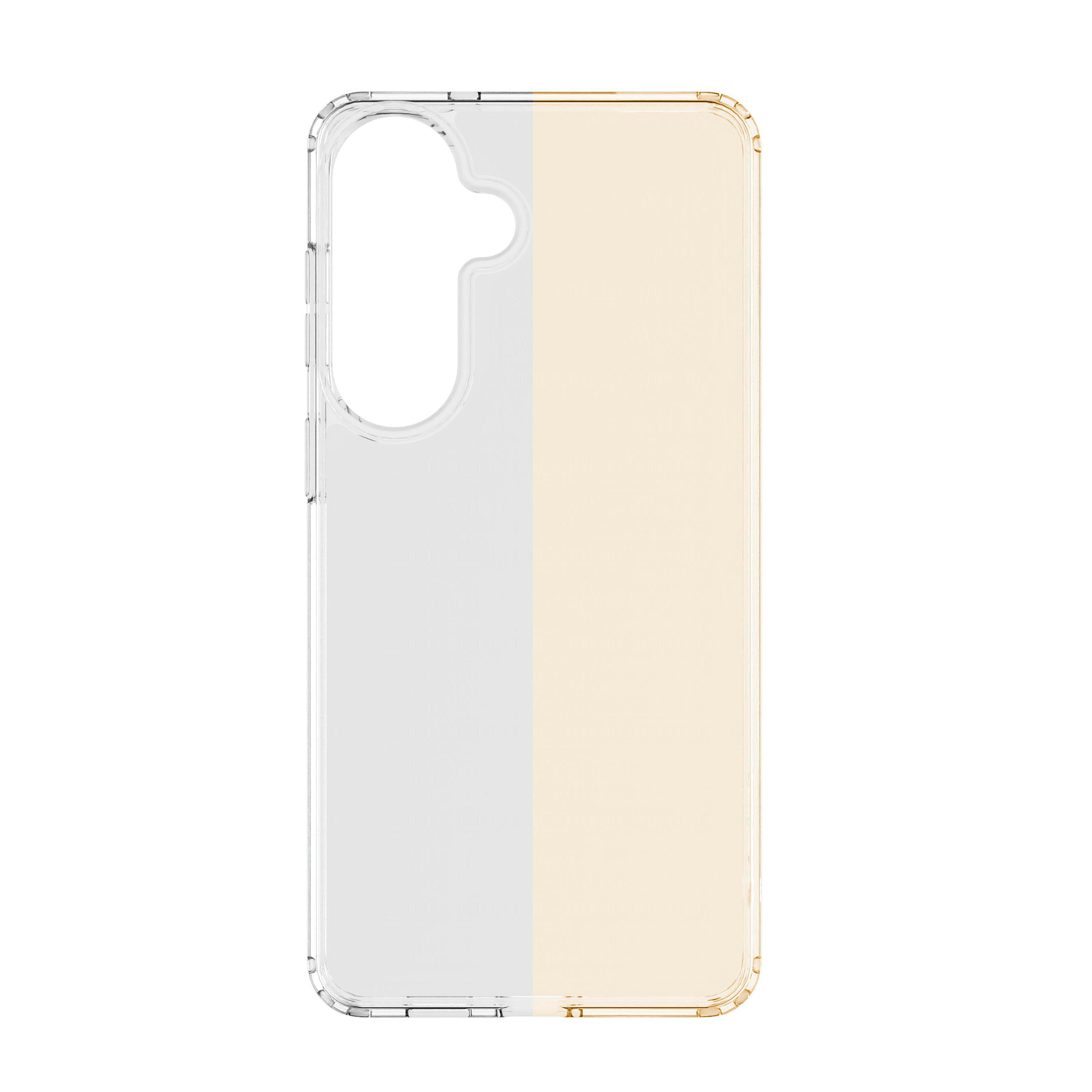 Transparente Handyhülle mit geteiltem Design in Grau und Beige.