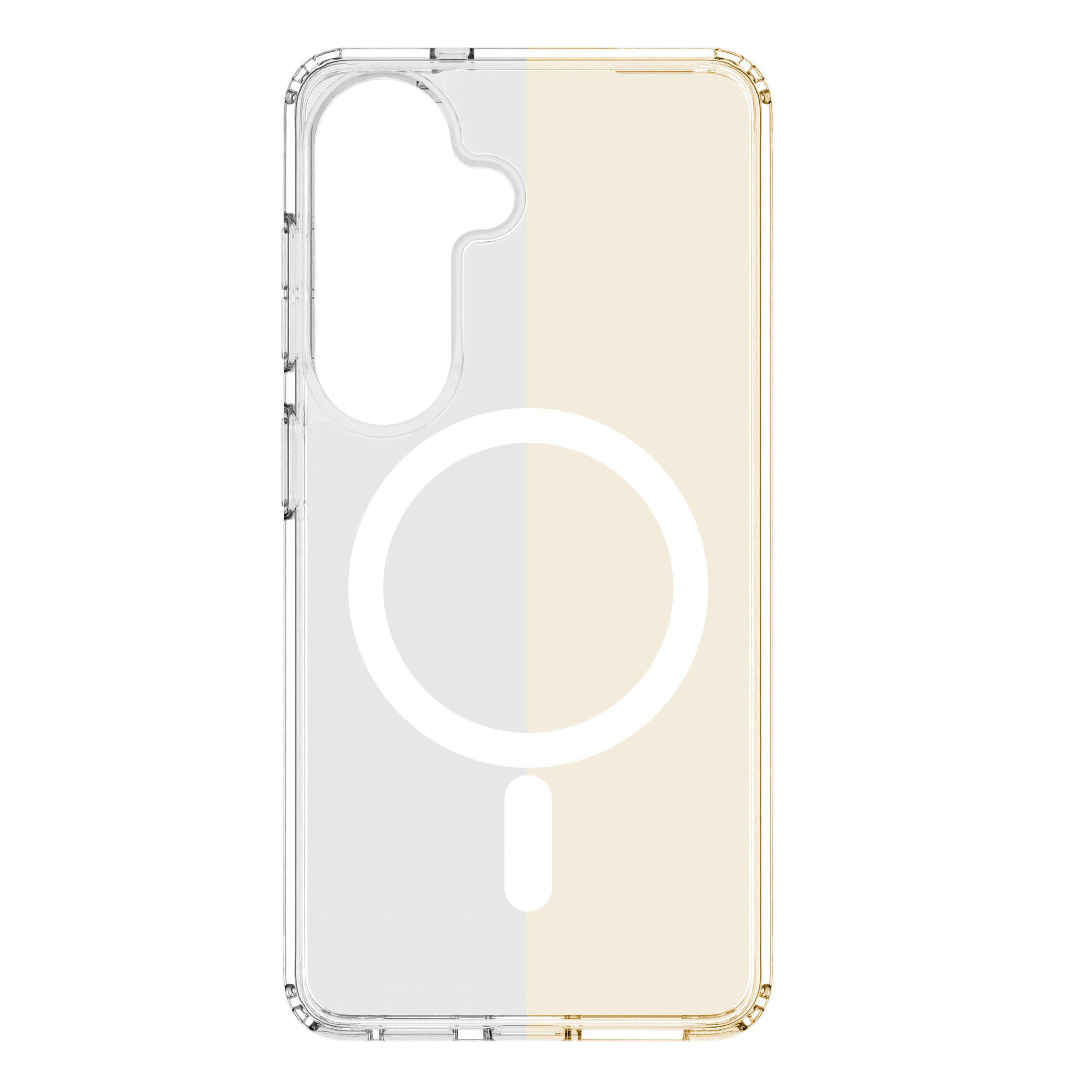 Transparente Handyhülle mit MagSafe-Ring auf grau-beigem Hintergrund.