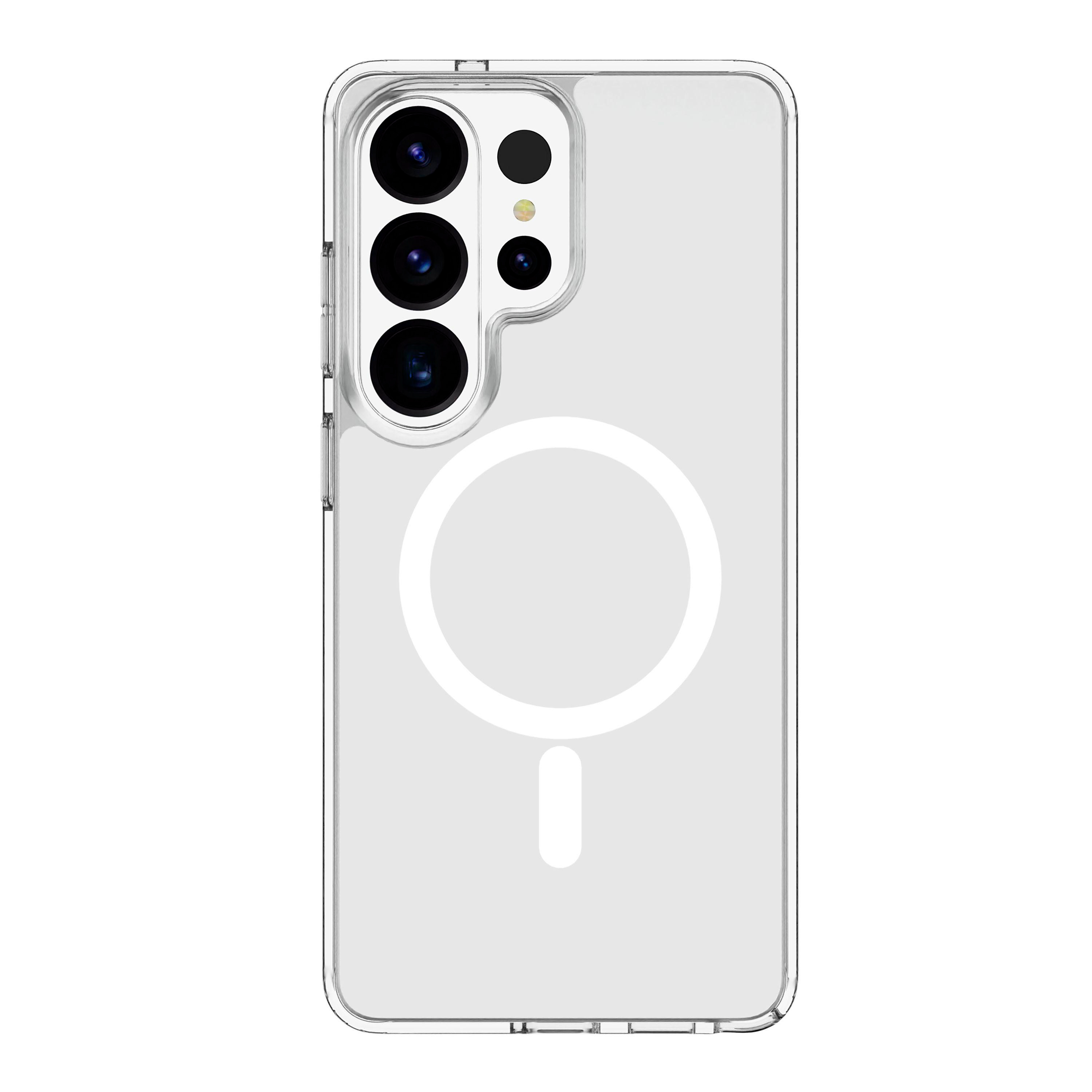 Transparente Handyhülle mit sichtbarer Kameralinse und MagSafe-Ring.