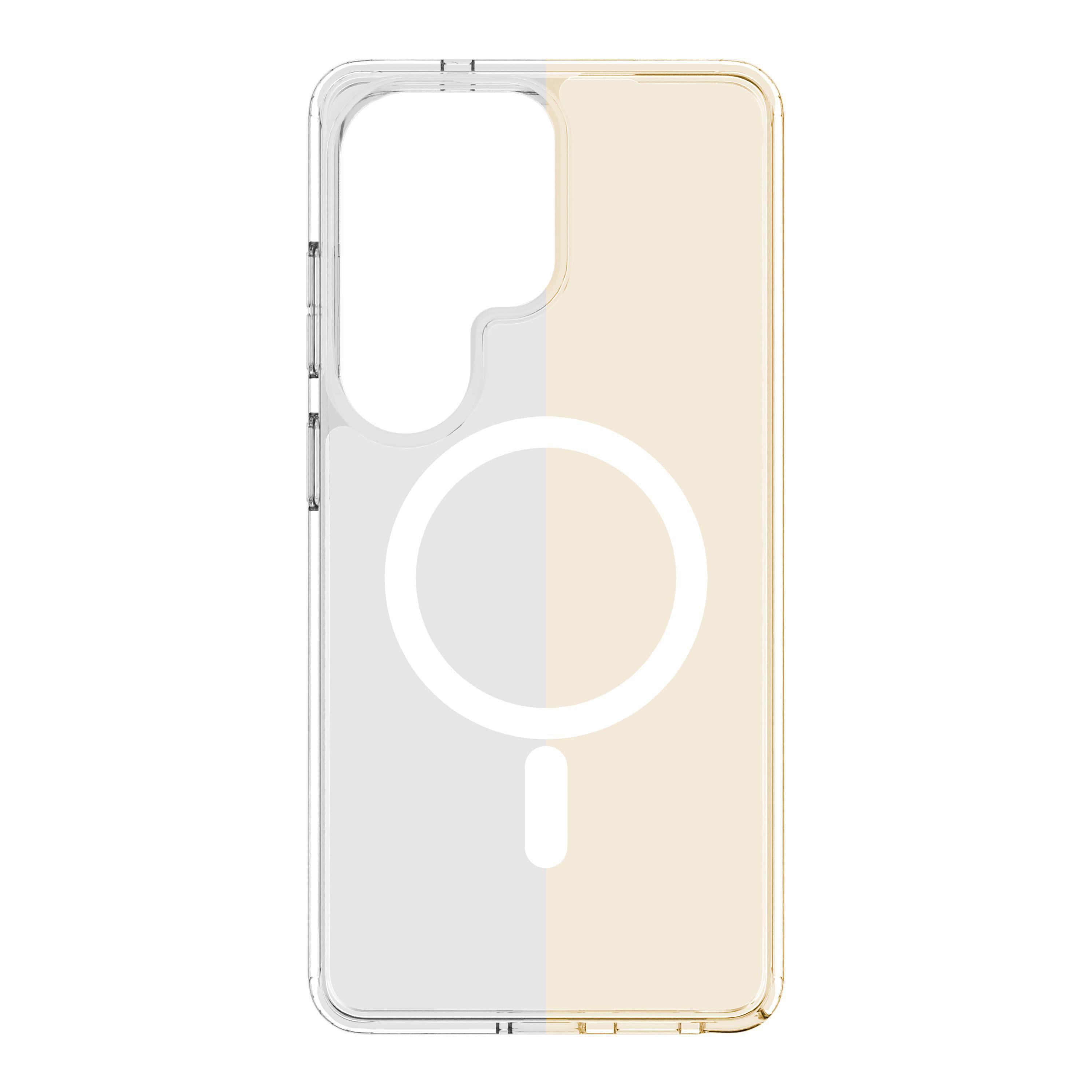 Transparente Handyhülle mit MagSafe-Kreismuster und Farbverlauf.