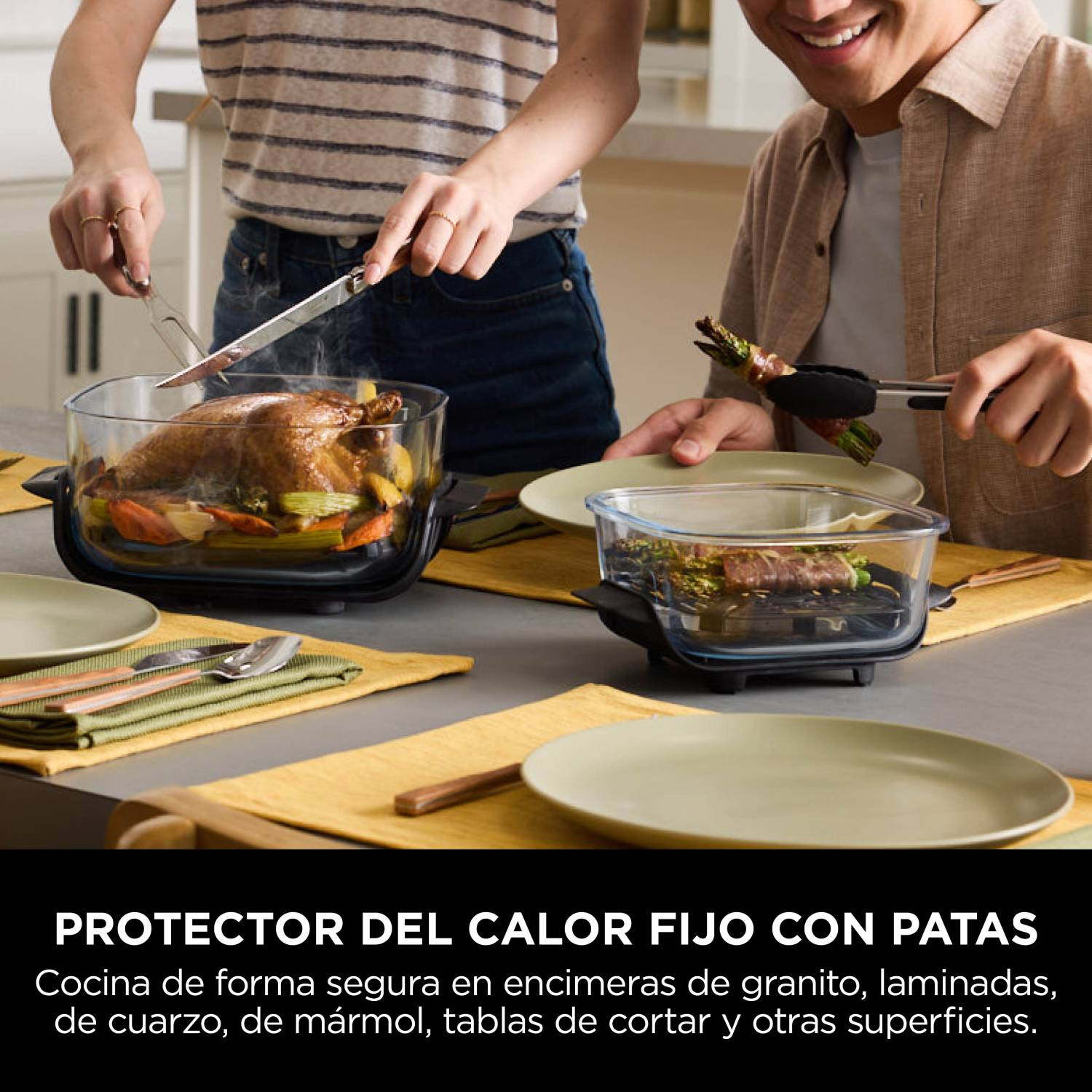 Protector del calor fijo con patas. Cocina de forma segura en encimeras de granito, laminadas, de cuarzo, de mármol, tablas de cortar y otras superficies.