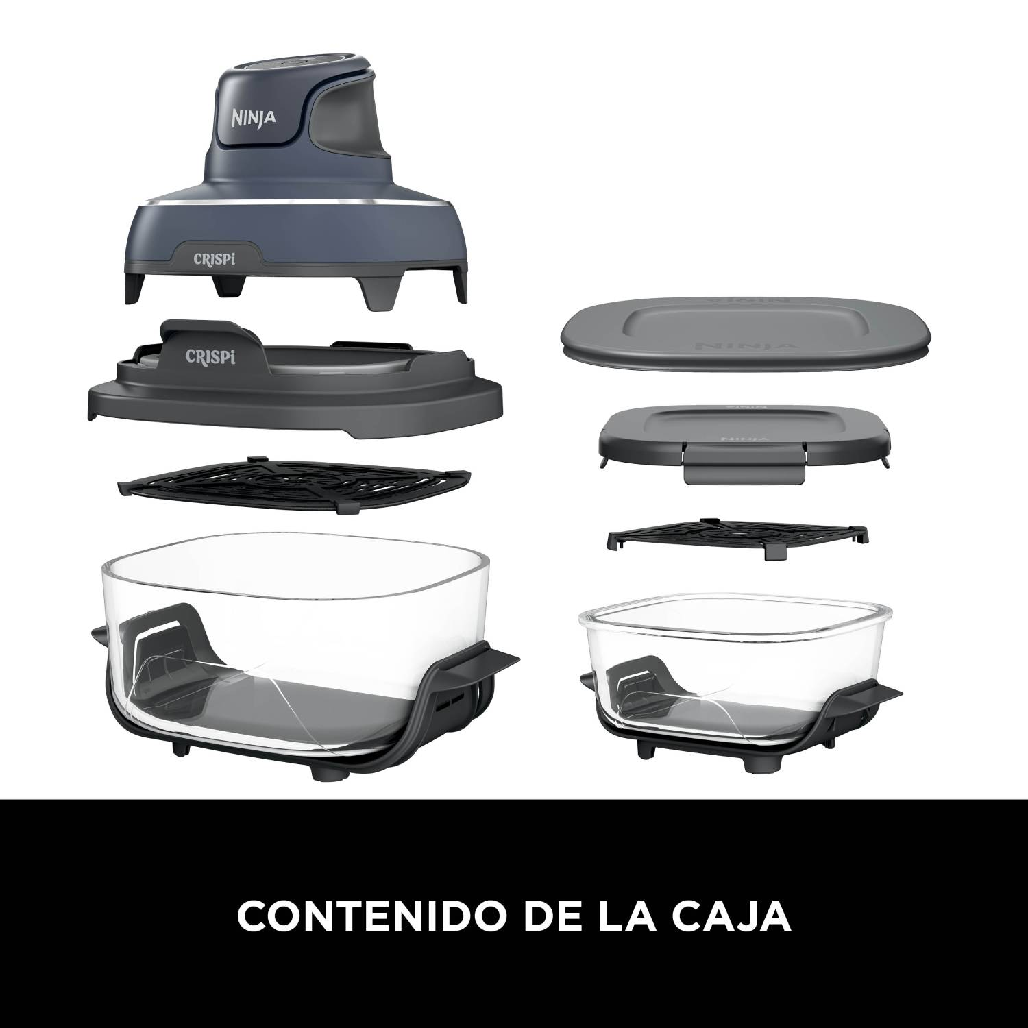 Accesorios Ninja Crispi: 2 tapas, insertos, 2 rejillas y 2 recipiente de vidrio.