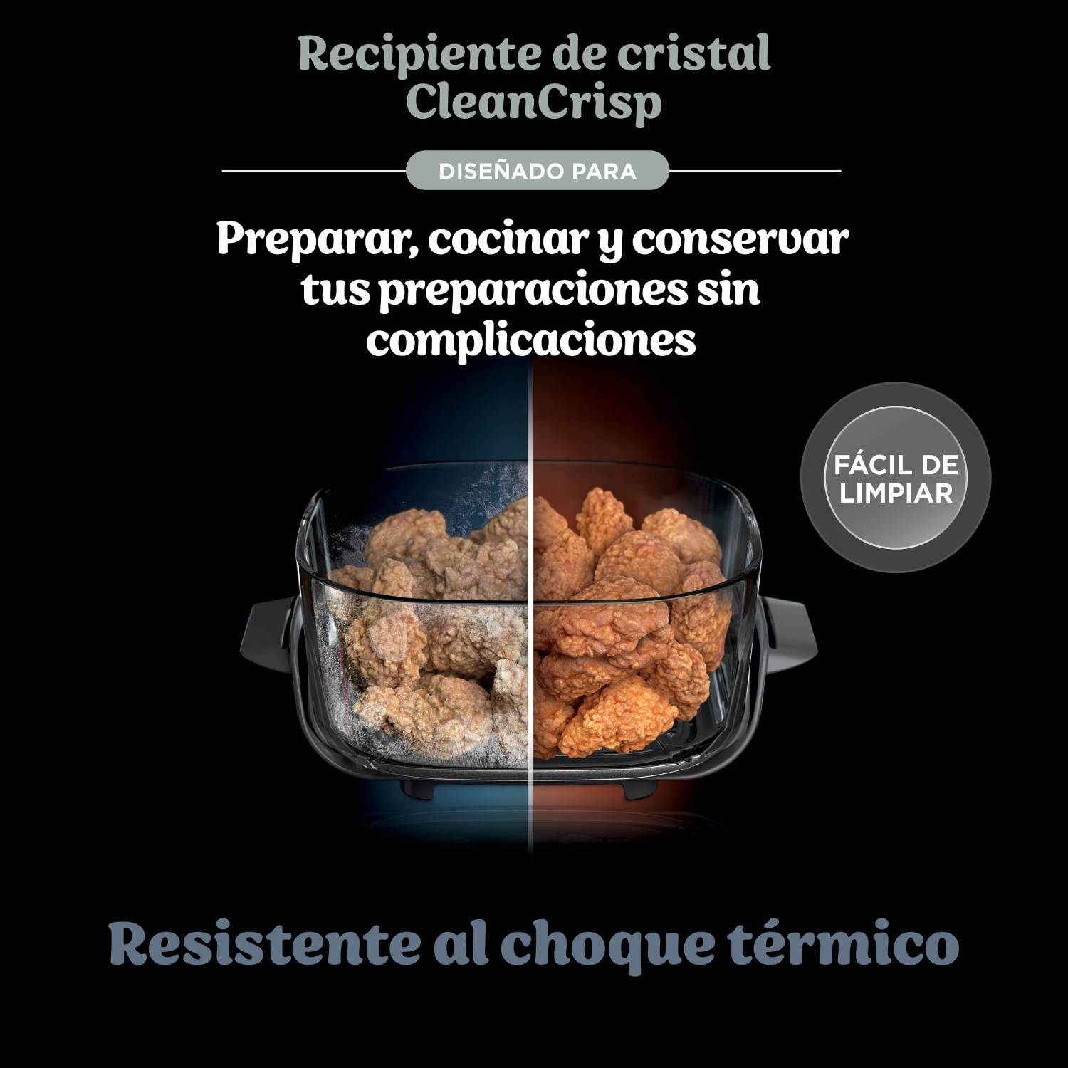 Recipiente de cristal CleanCrisp. Diseñado para preparar, cocinar y conservar tus preparaciones sin complicaciones. Resistente al choque térmico.