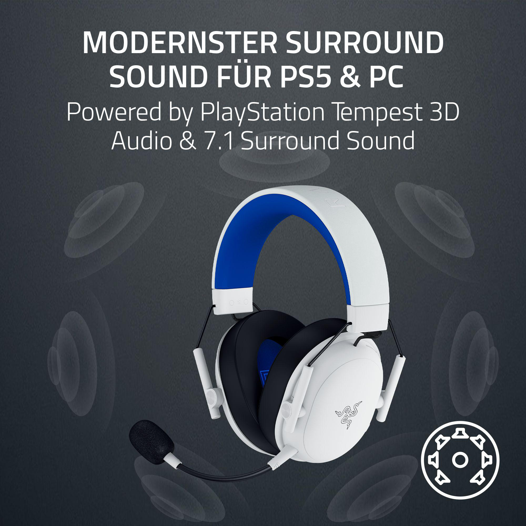 Ein weißes Headset mit blauer Innenohrpolsterung und Mikrofon.