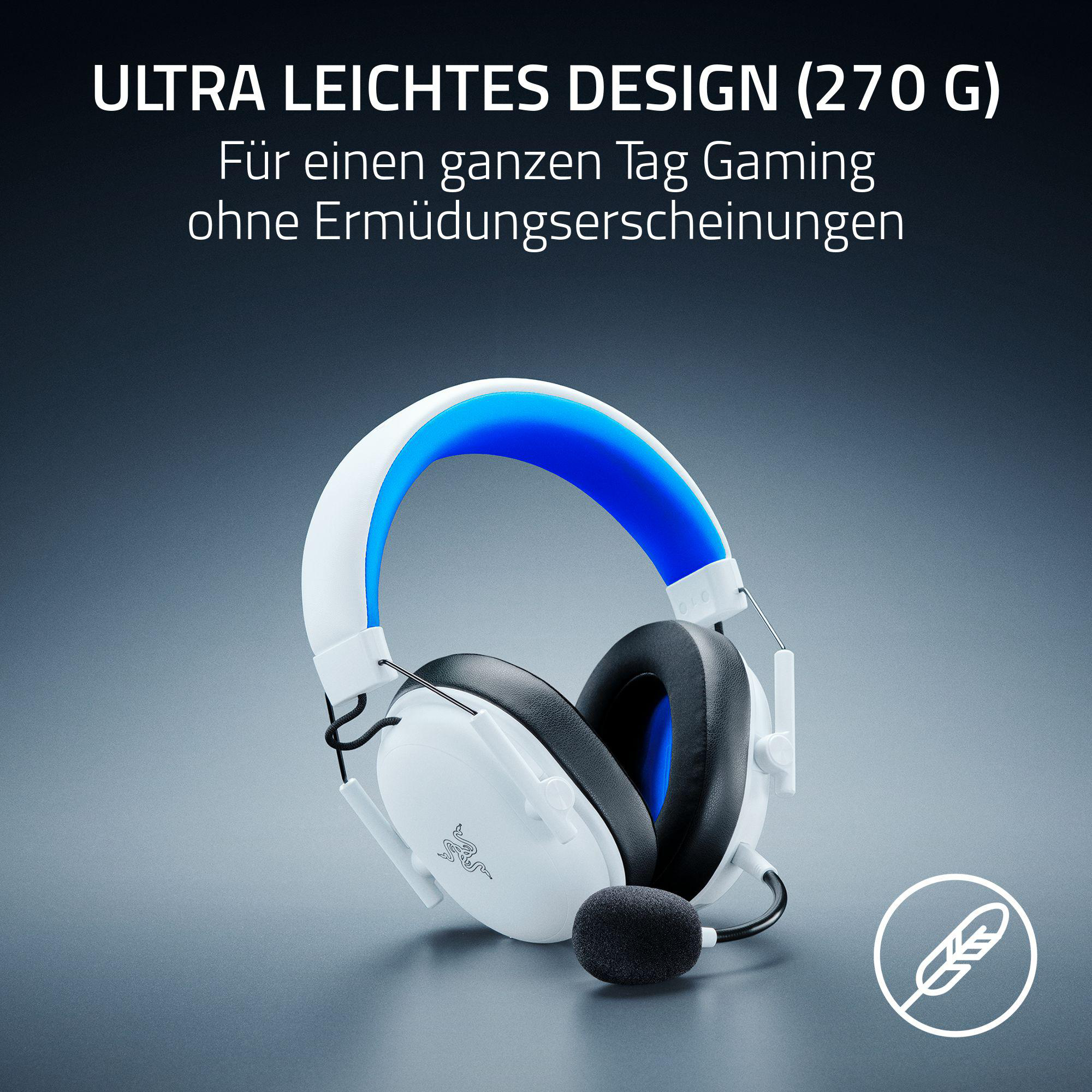 Leichte weiße Gaming-Kopfhörer mit blauer Polsterung und Mikrofon.