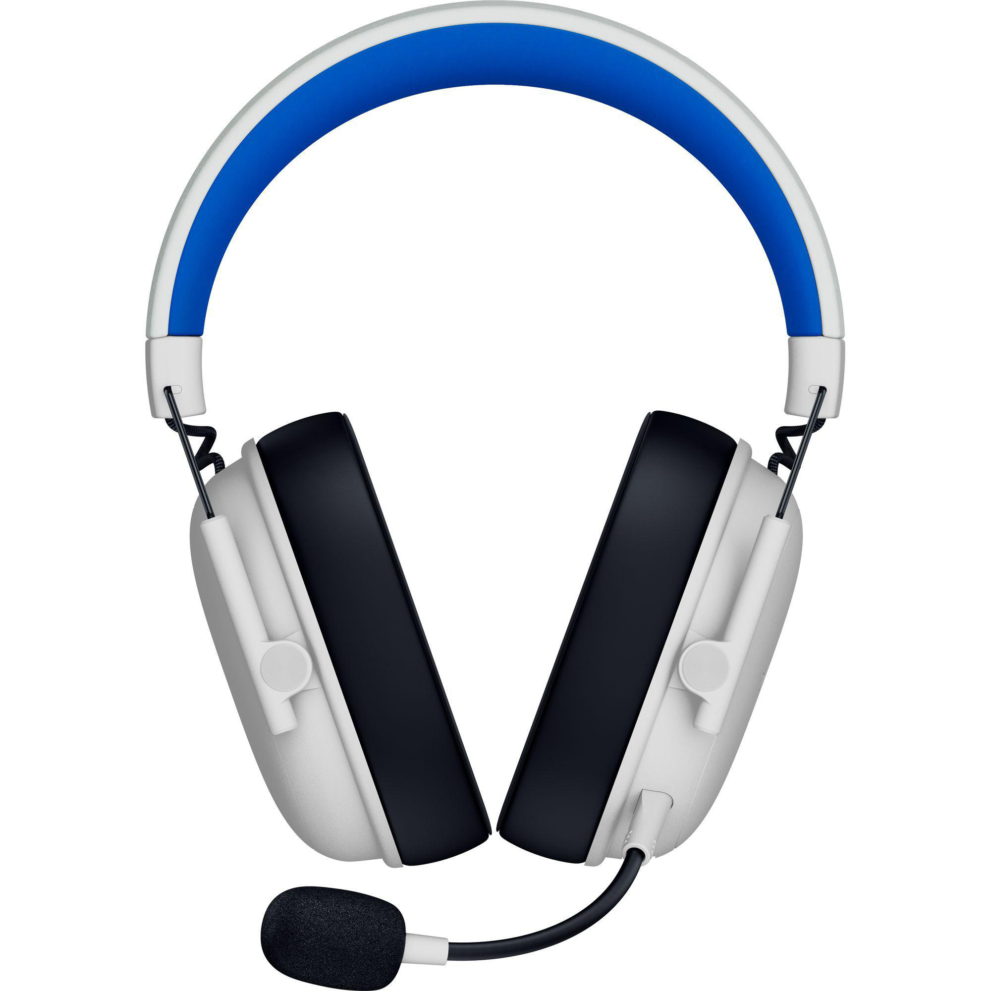 Weißes Headset mit blauer Polsterung und Mikrofon auf weißem Hintergrund.