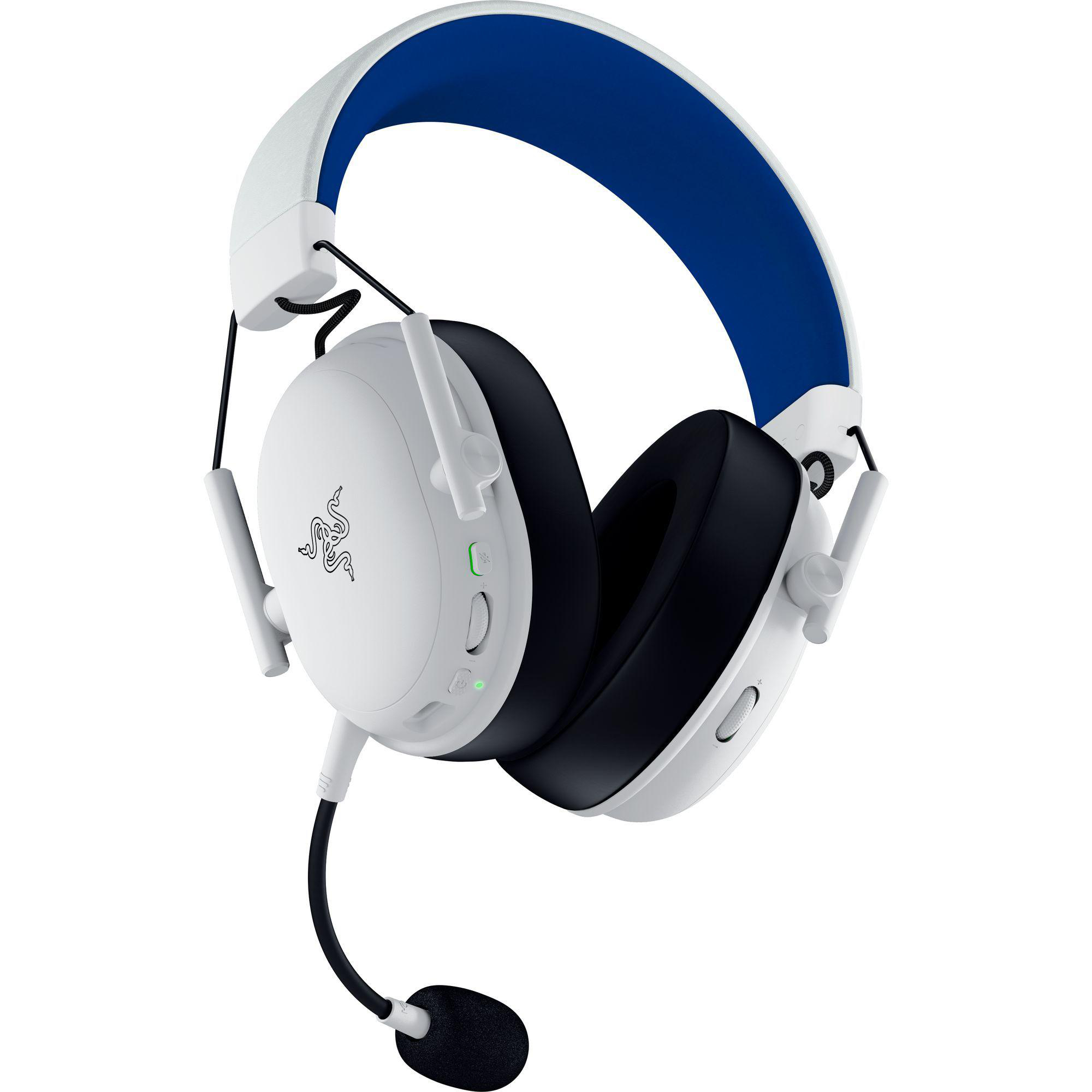 Weißes Headset mit blauen Akzenten und Mikrofon, auf weißem Hintergrund.