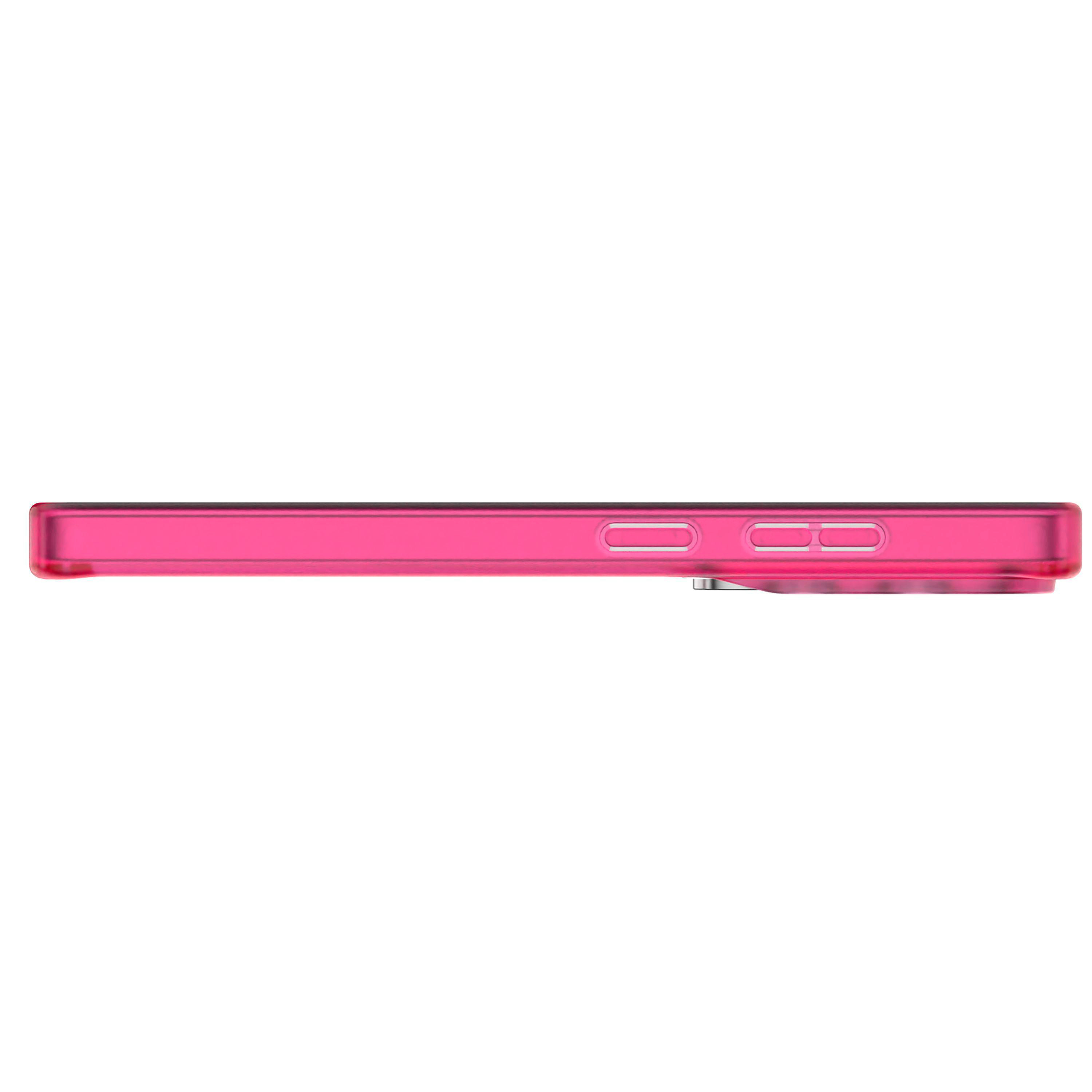 Ein pinker Handyrahmen mit Knöpfen auf der Seite, isoliert auf weißem Hintergrund.