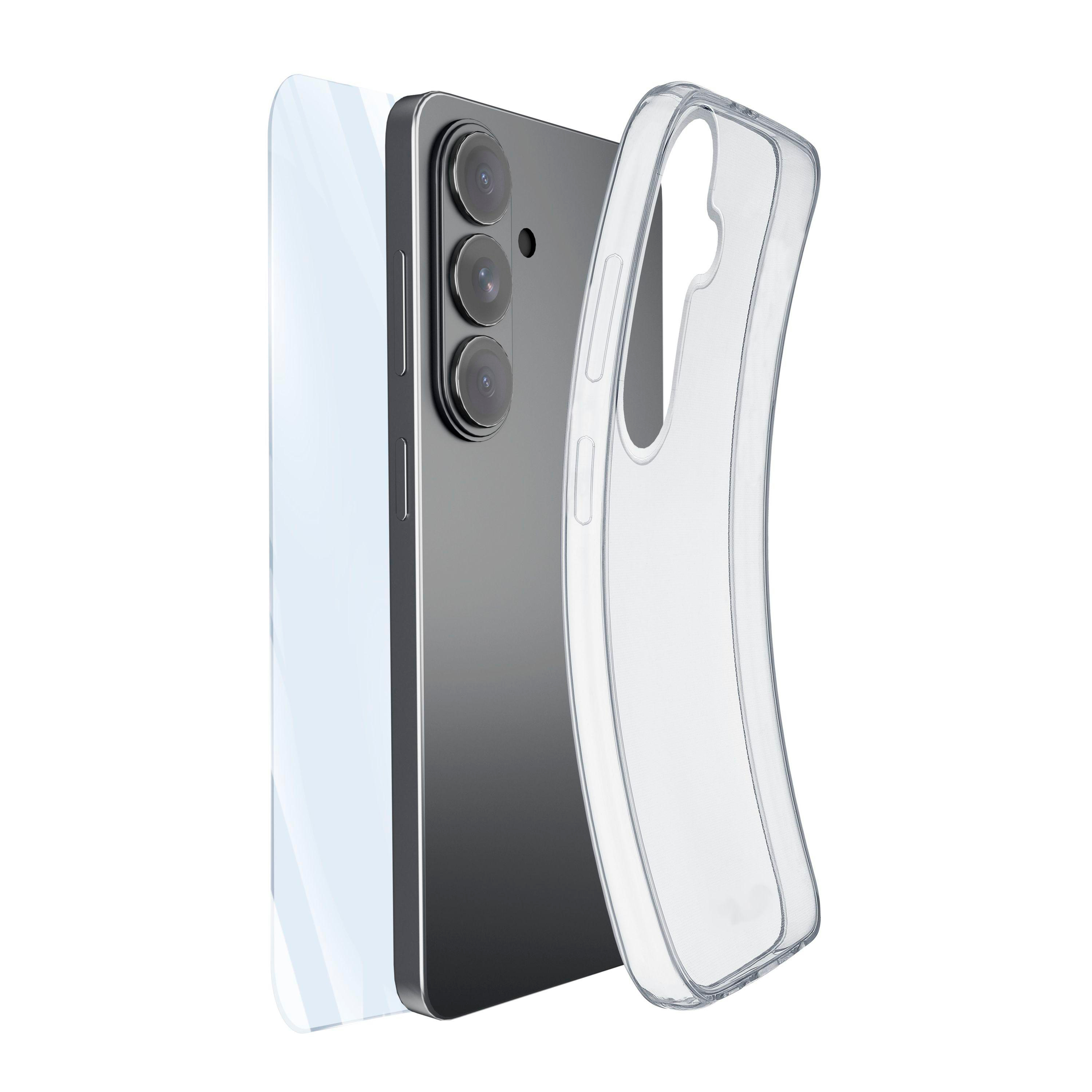 Ein Smartphone mit drei Kameras und ein durchsichtiger Schutzhülle.