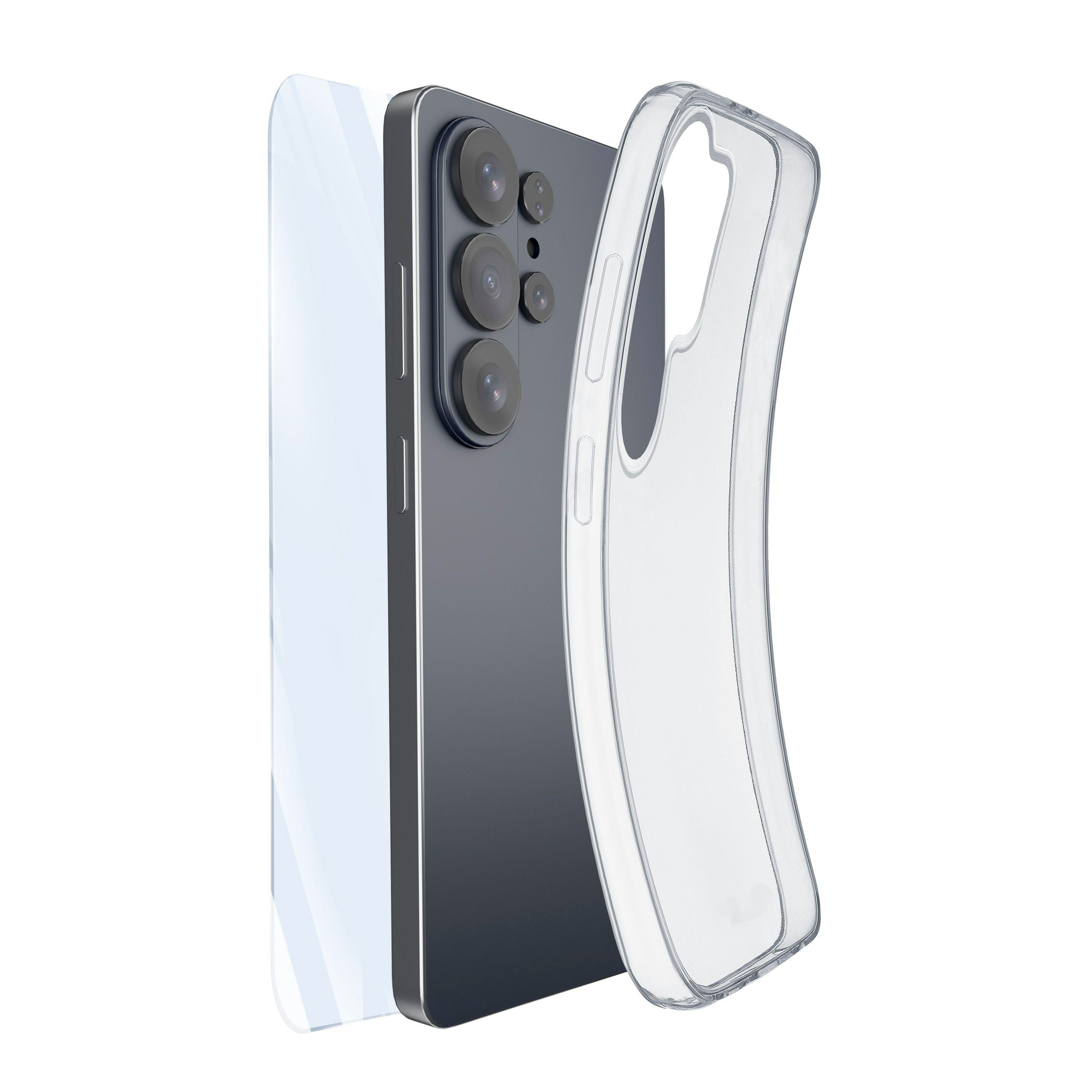 Ein dunkles Smartphone mit drei Kameras und einer durchsichtigen Hülle.