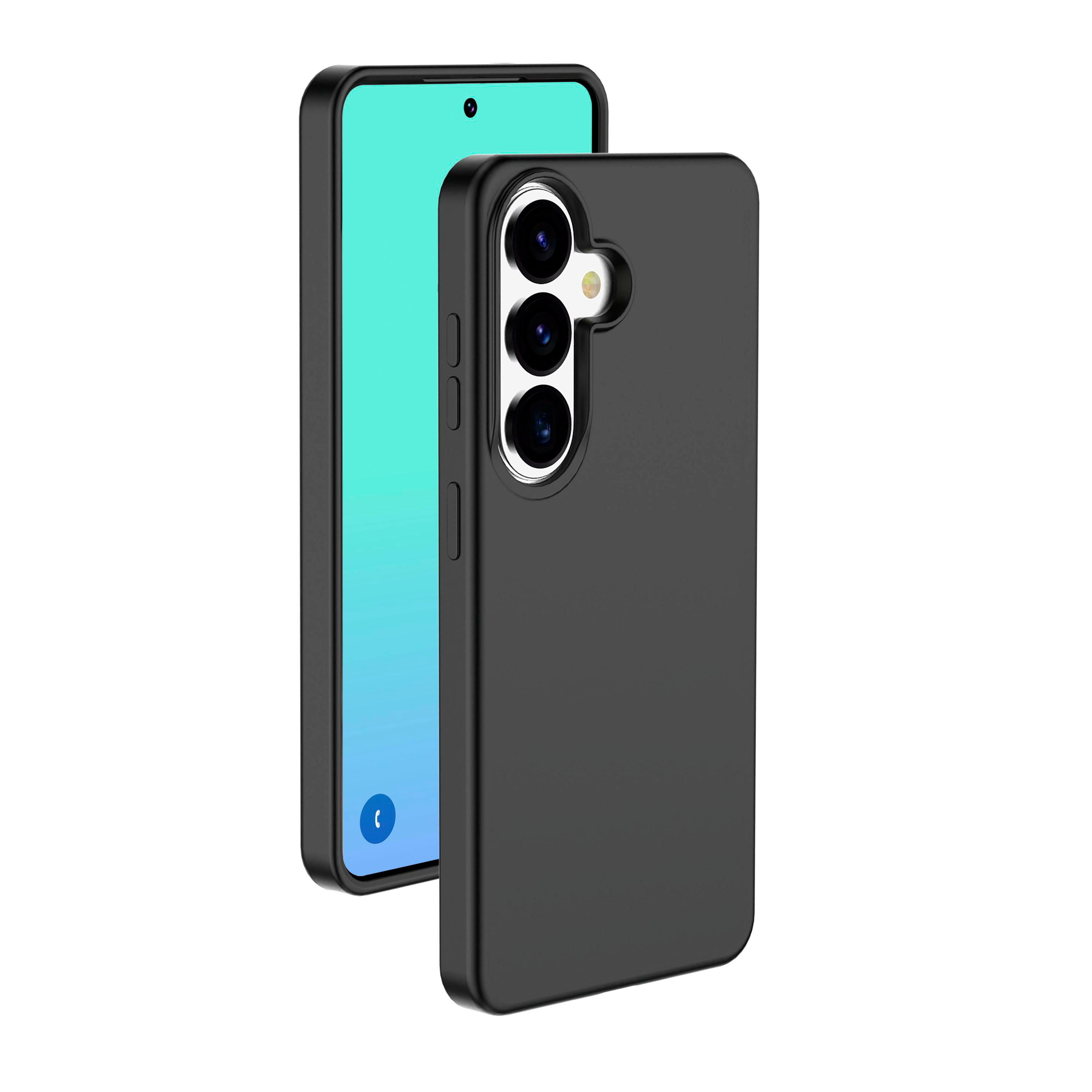 Ein schwarzes Handy mit einer Kamera und einem blauen Bildschirm.
