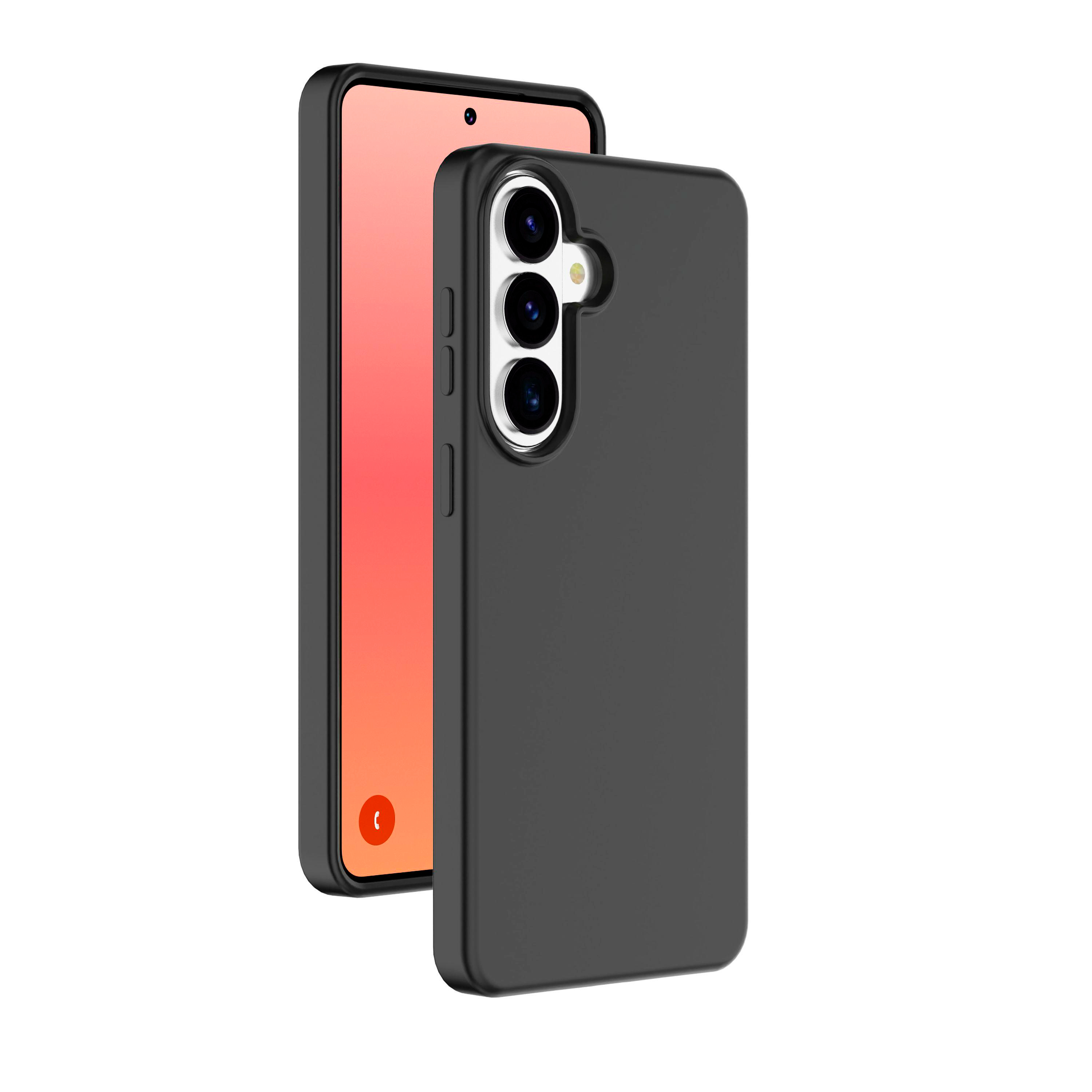 Schwarzes Handy-Case über einem Smartphone mit pinkem Display.